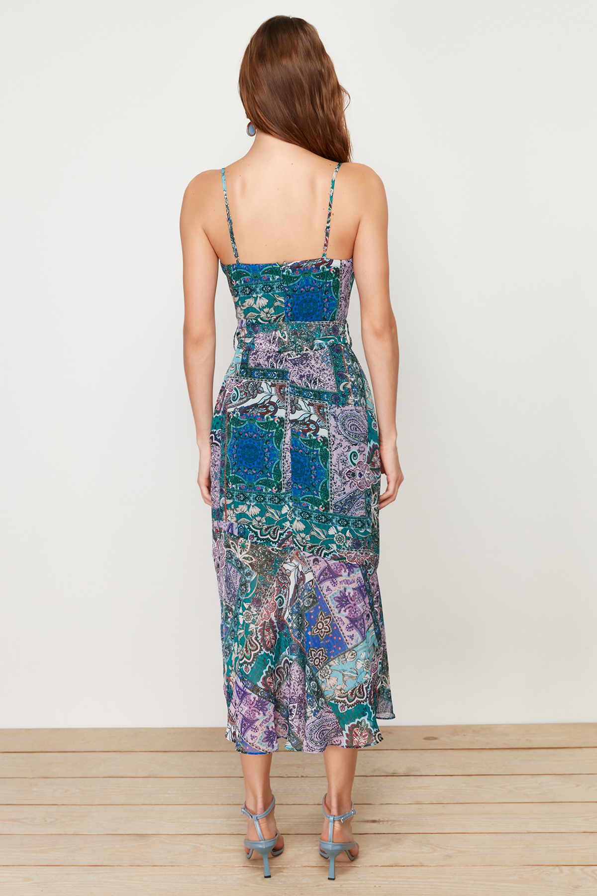 Trendyol Lilac Ethnic Patterned Belted A-Line Tassel Detailed Maxi Lined Chiffon Woven Dress