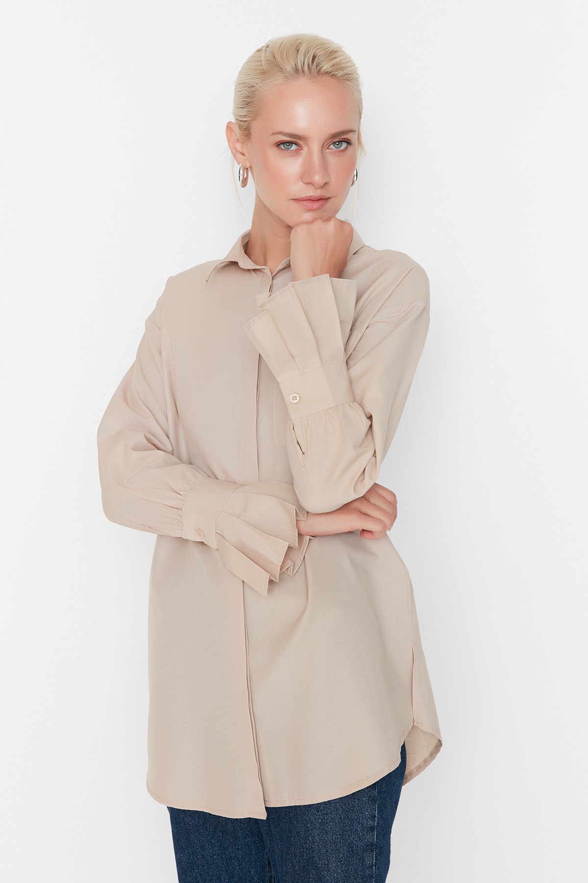 Trendyol Stone Pleat Thick Cuff Detailed Woven Shirt