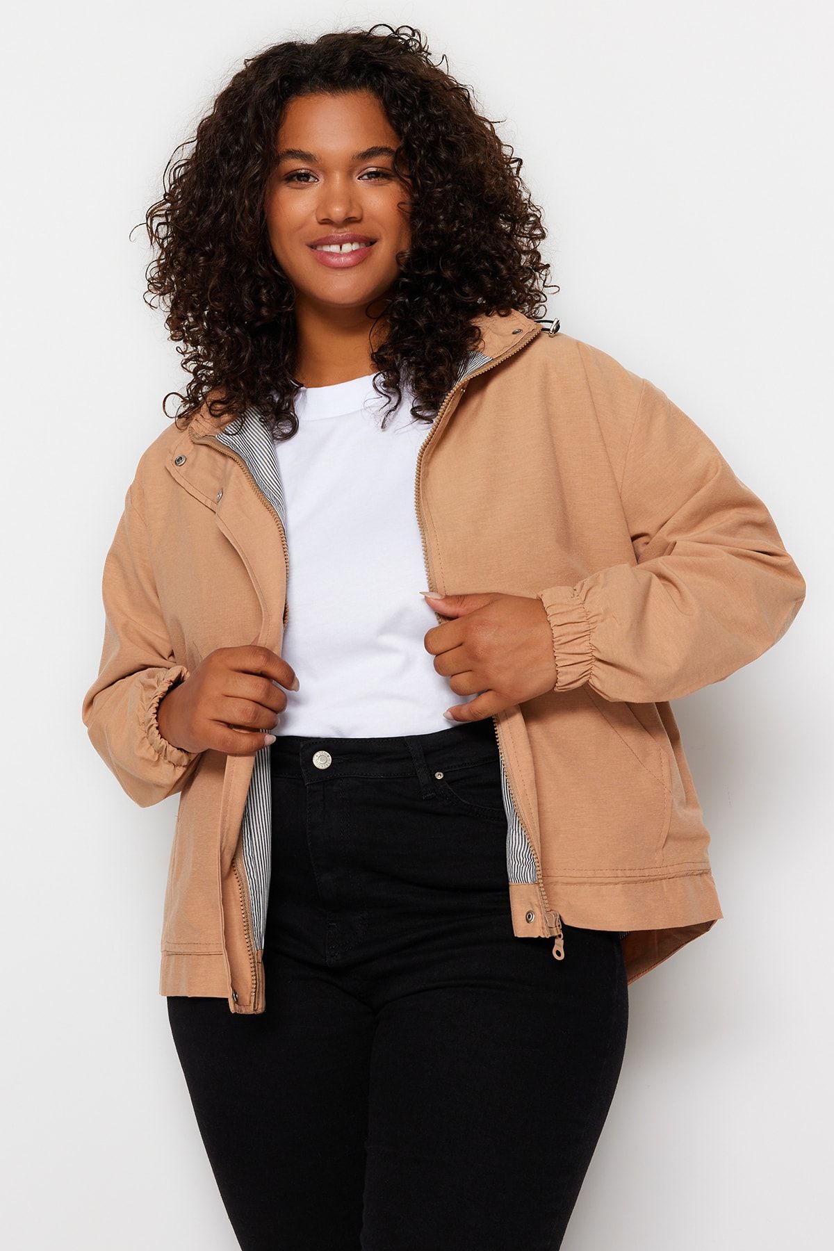 Trendyol Curve Camel Hooded Thin Oversize Seasonal Coat