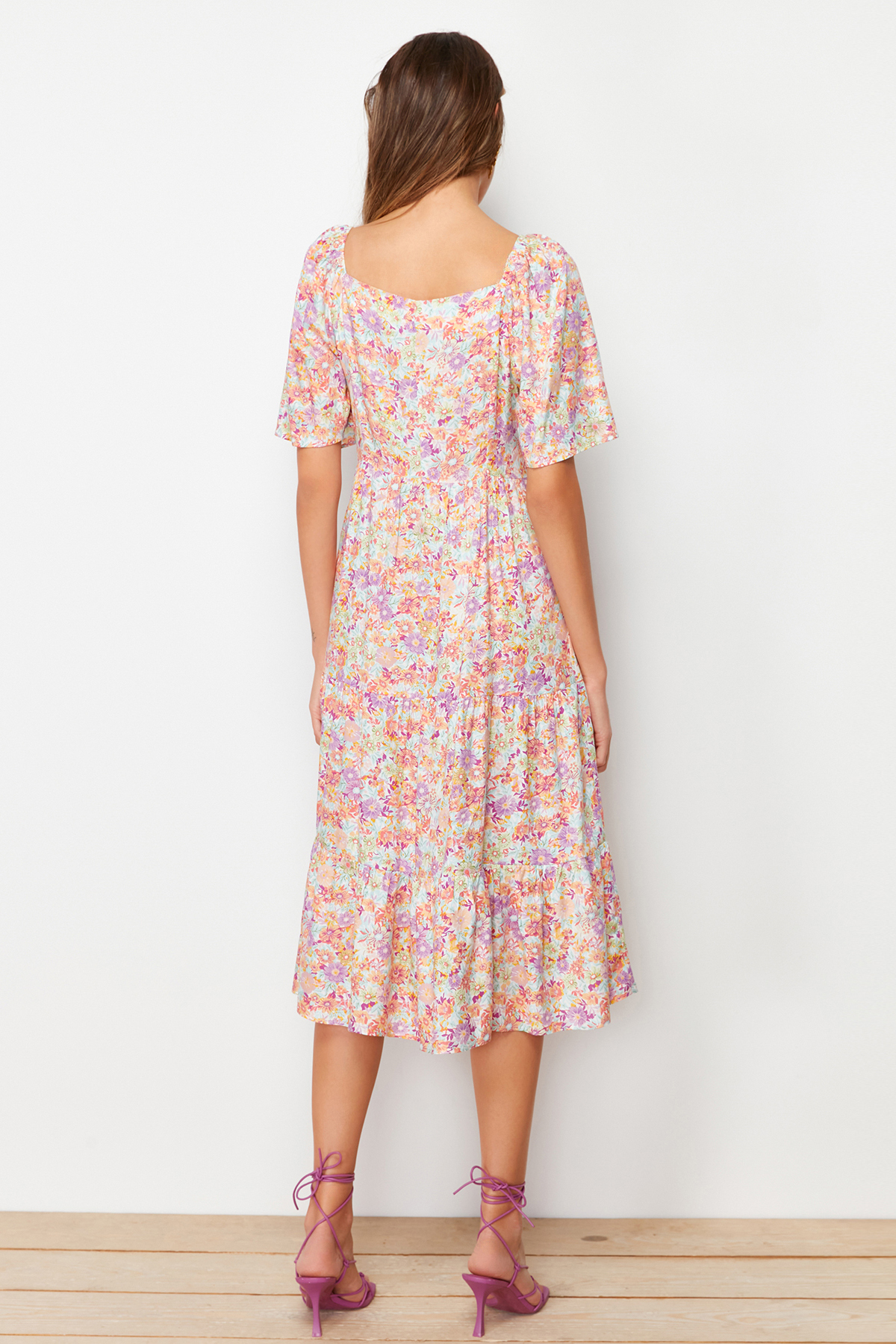 Trendyol Mint A-Line Balloon Sleeve Floral Patterned Midi Woven Dress
