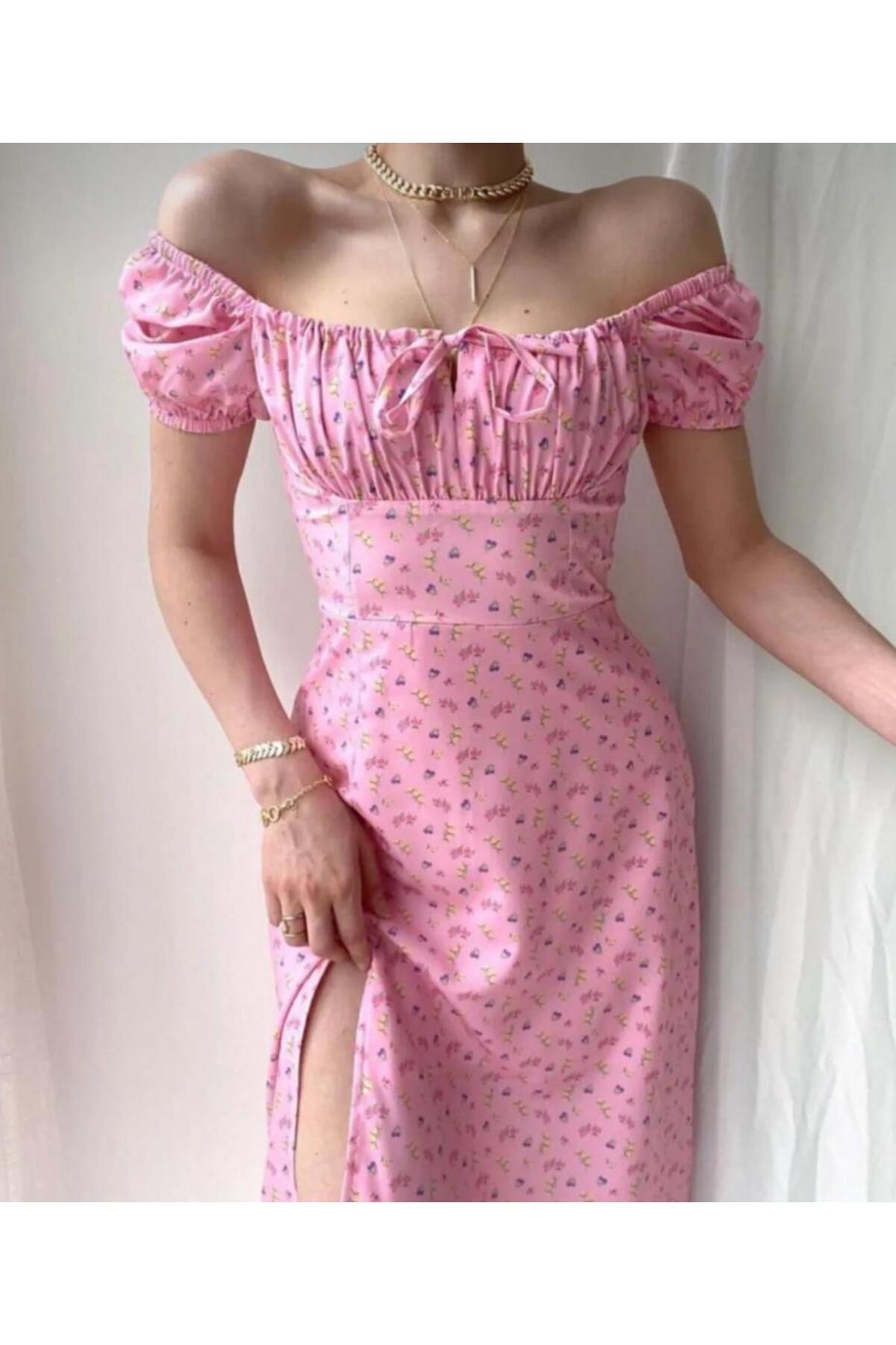 Levně Laluvia Pink Floral Print Slit Dress