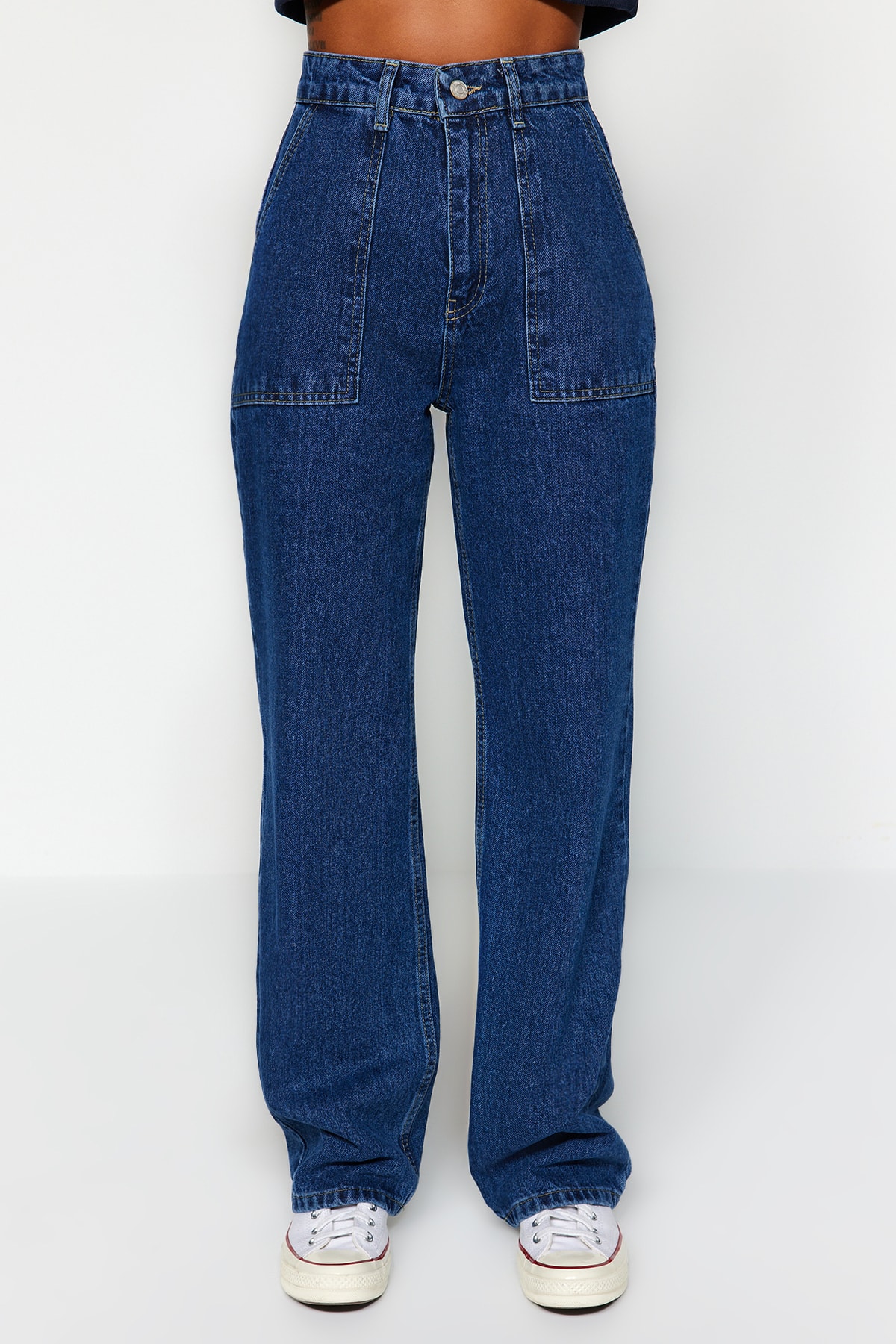 Trendyol Navy Blue Pocket Detailed High Talie Wide Leg Jeans