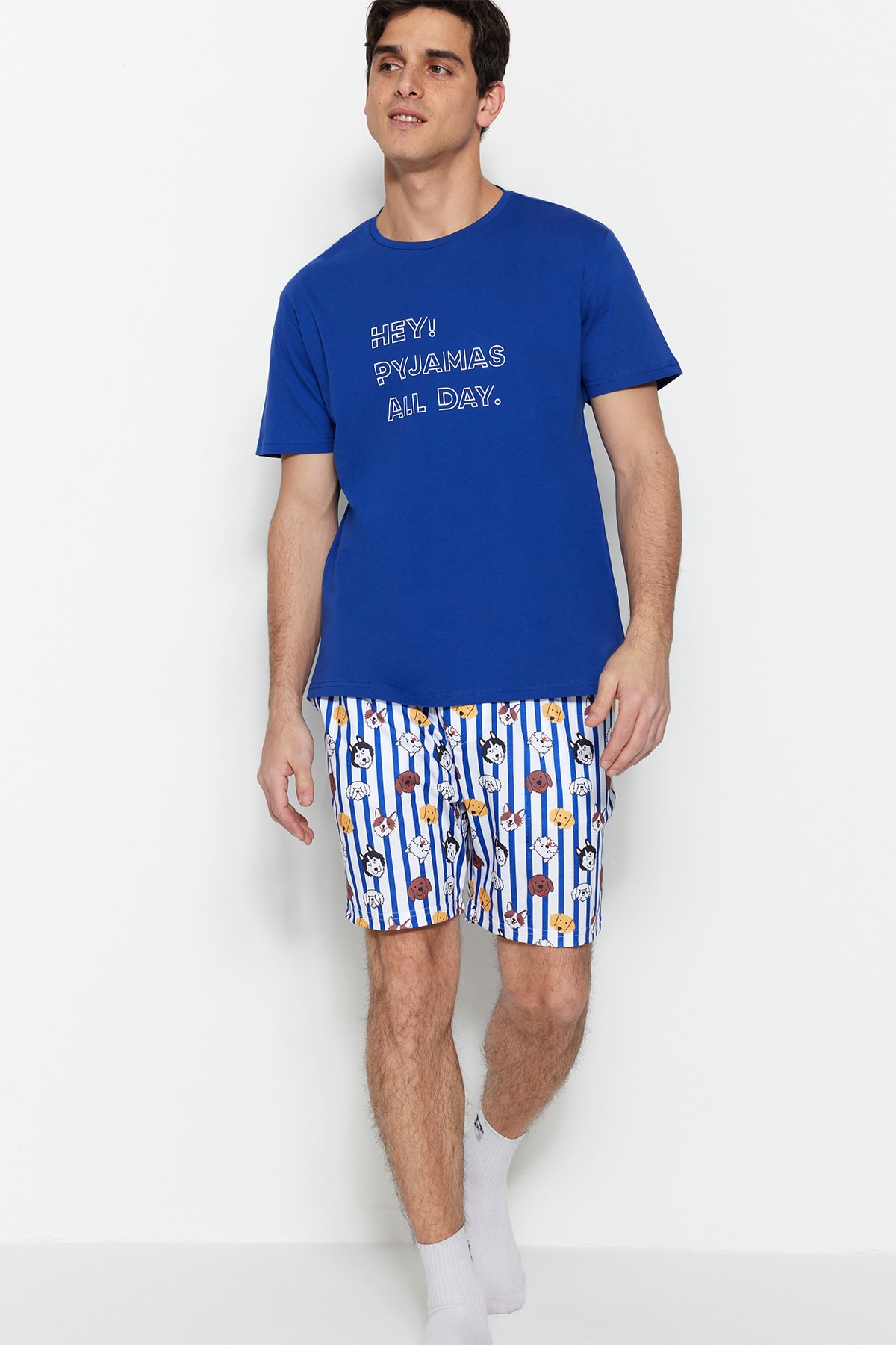 Levně Trendyol Dark Blue Unisex Regular Fit Printed Shorts Pajamas Set