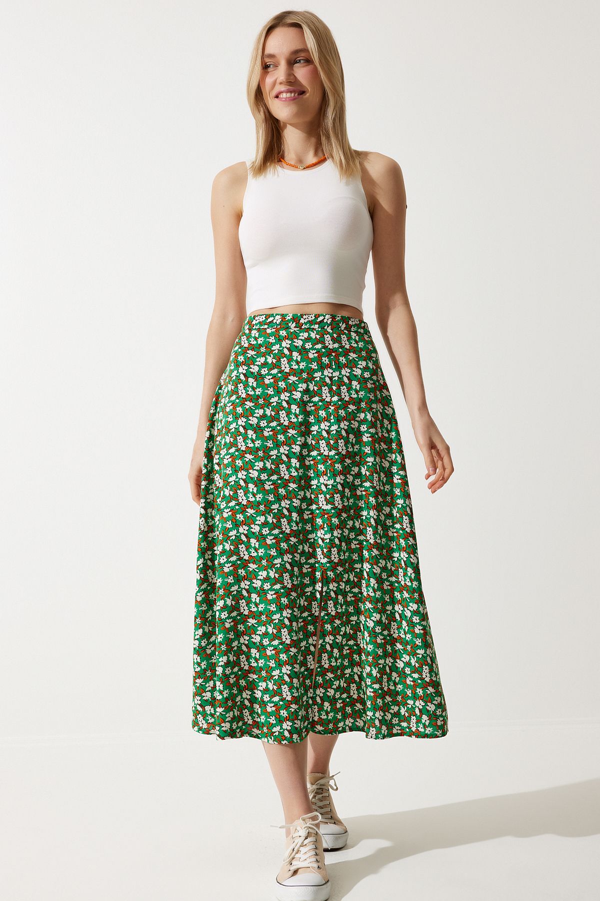 Happiness İstanbul Women's Green Orange Floral Slit Summer Viscose Skirt