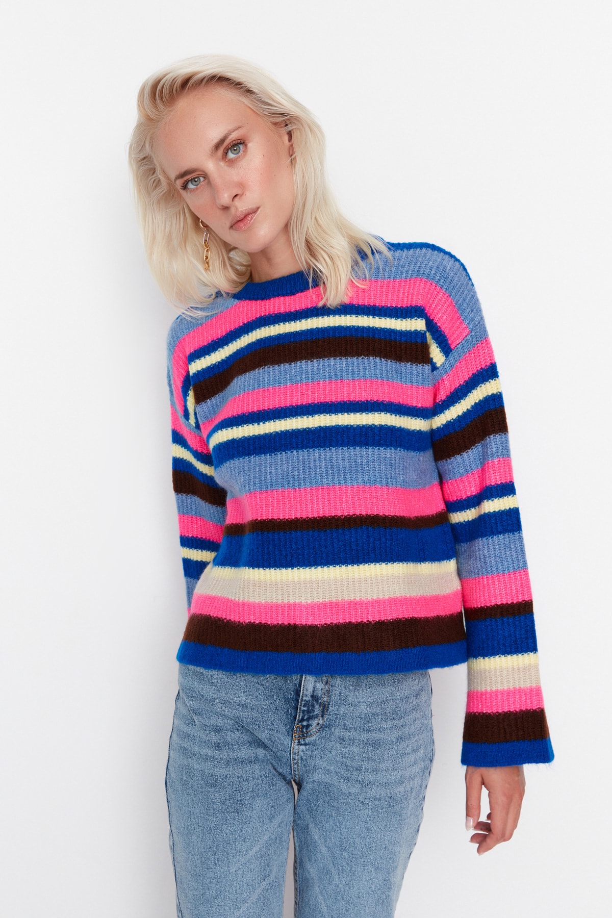 Trendyol Indigo Striped Knitwear Sweater