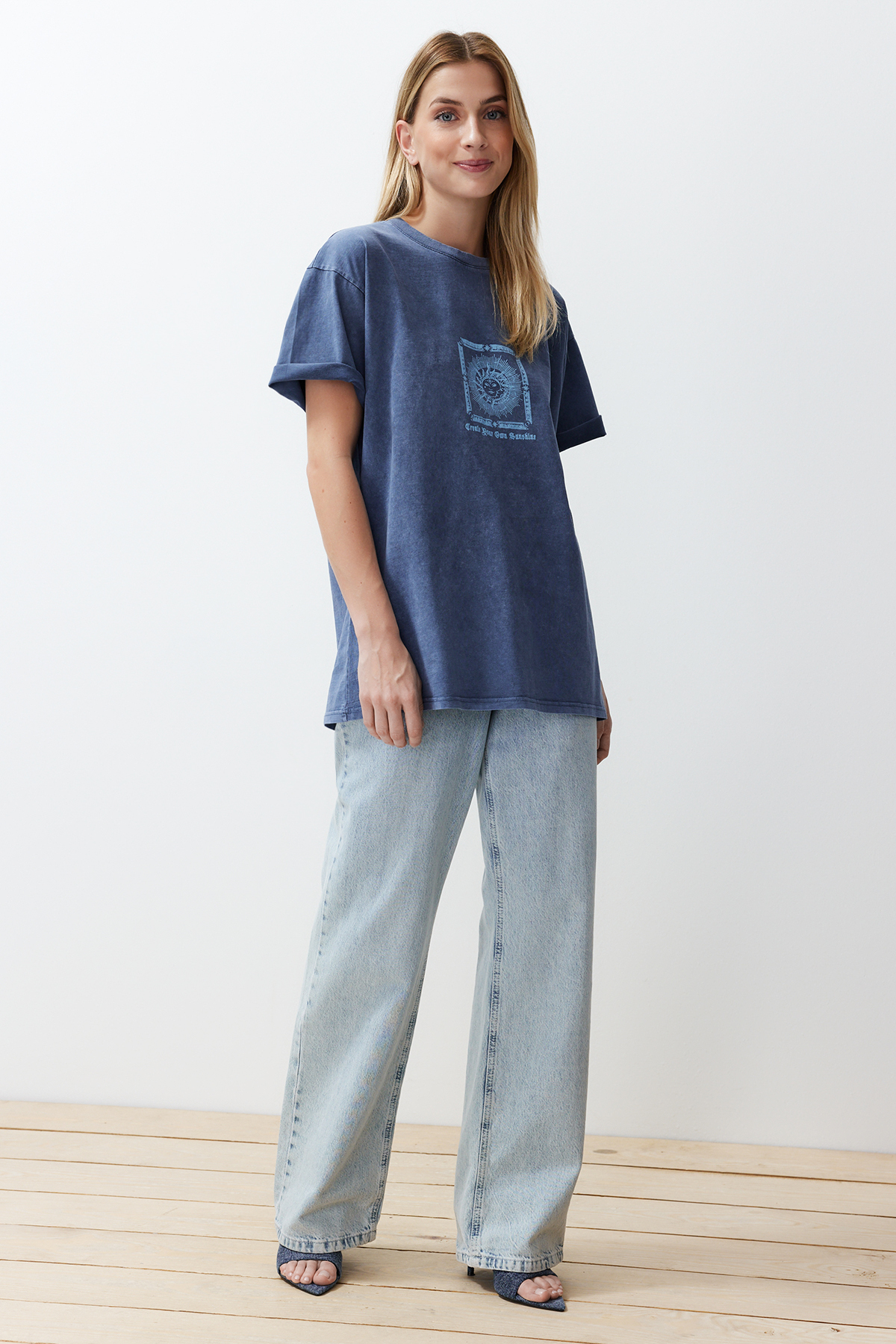 Trendyol Blue Oversize/Wide Fit Galaxy Front and Back Printed Washed Knitted T-Shirt