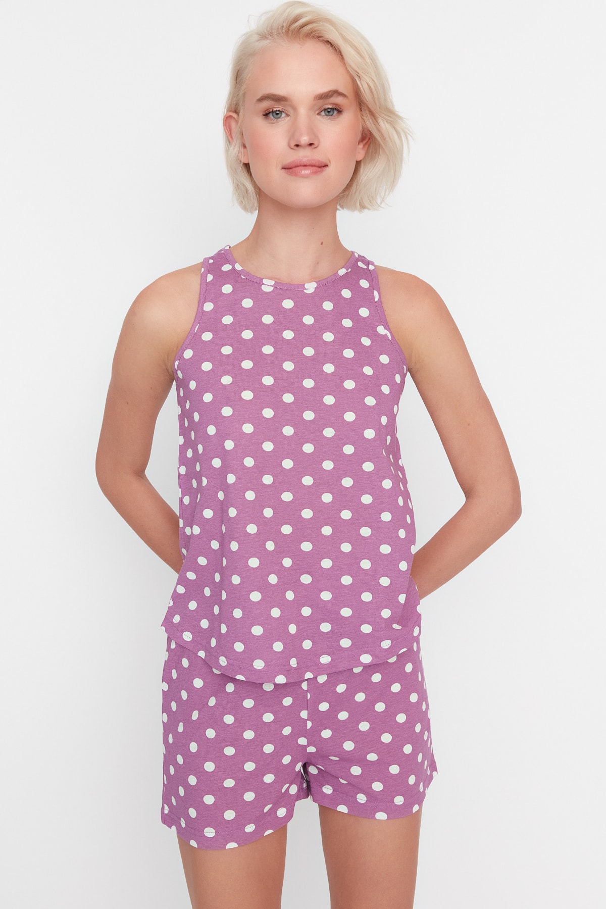 Trendyol Lilac Polka Dot Singlet-Shorts, Knitted Pajamas Set