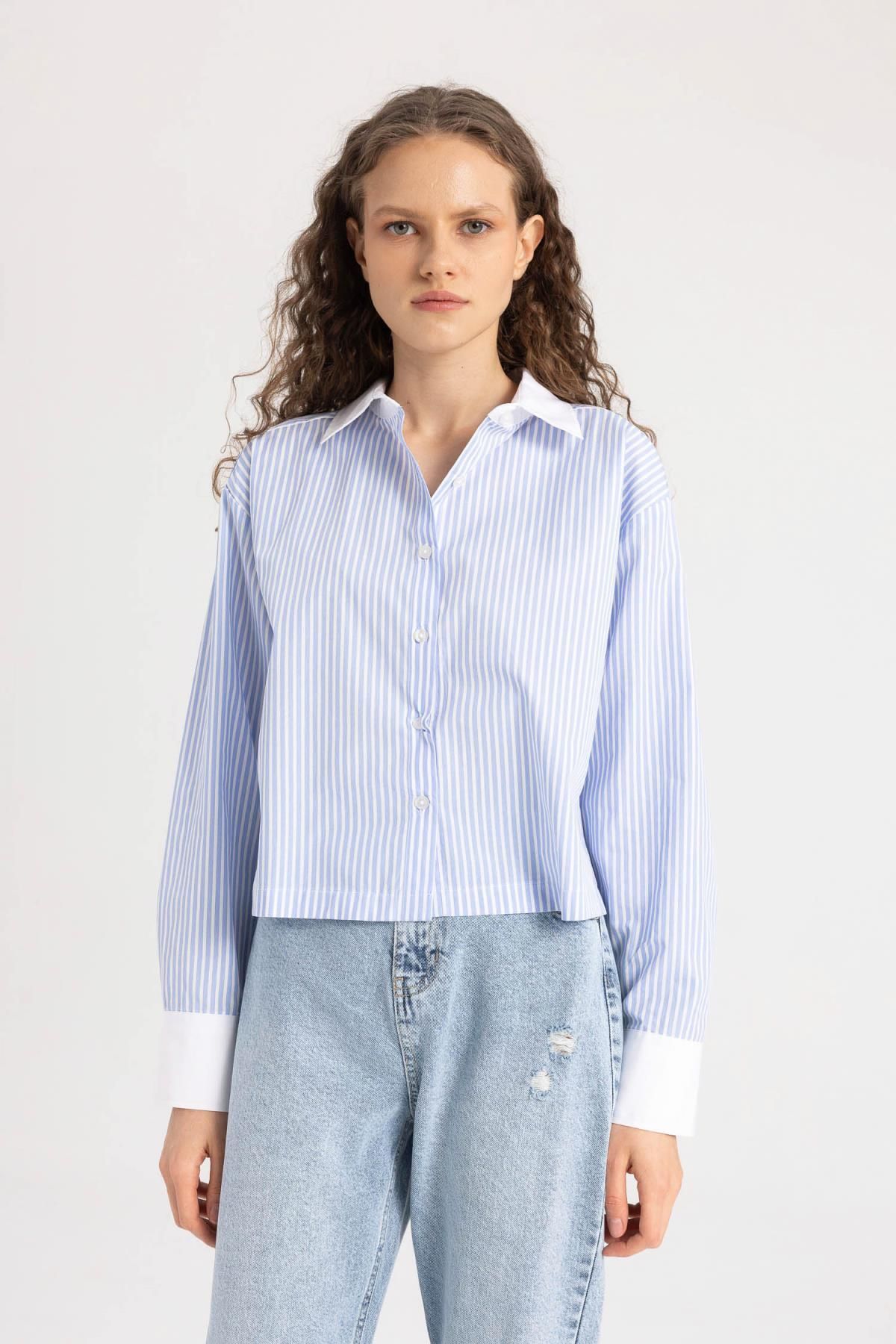 DEFACTO Crop Striped Poplin Long Sleeve Shirt