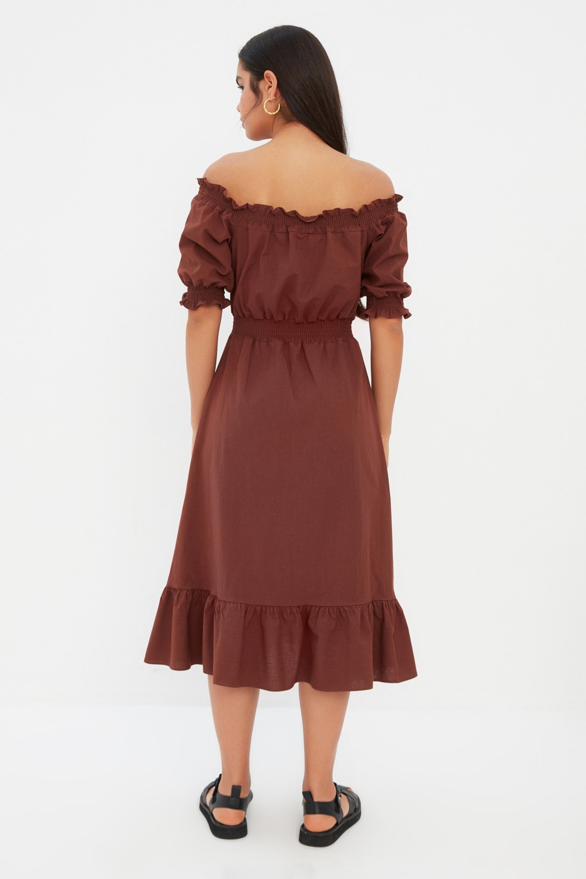 Trendyol Brown Waist Gimped Madonna Neck Midi Linen Look Woven Dress