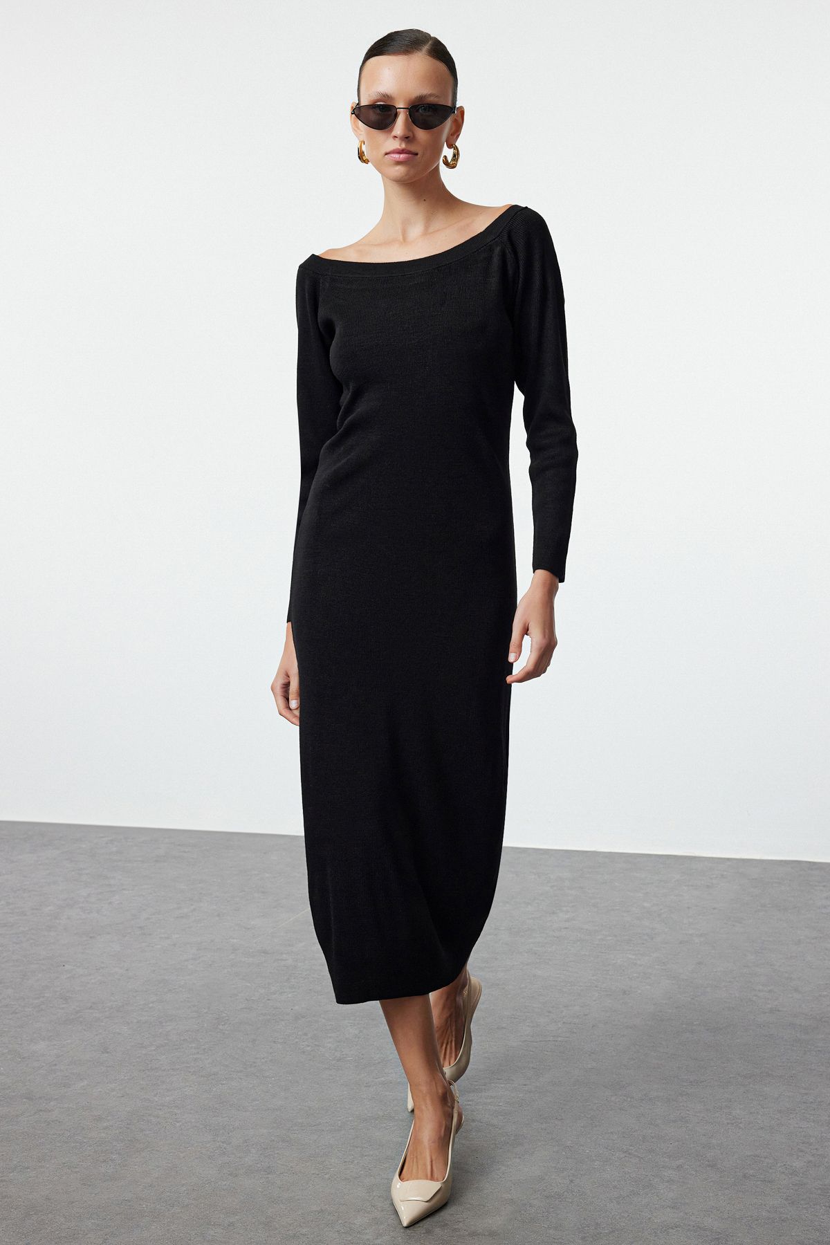 Trendyol Black Maxi Knitwear Boat Neck Dress