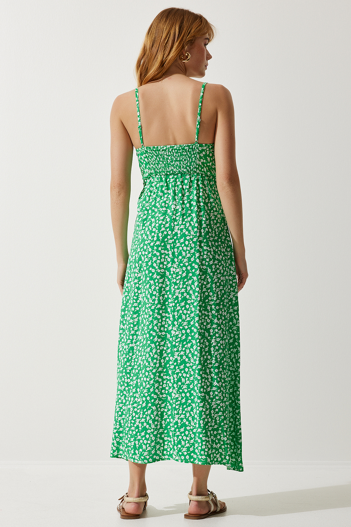 Happiness İstanbul Women's Green Strap Patterned Viscose Dress