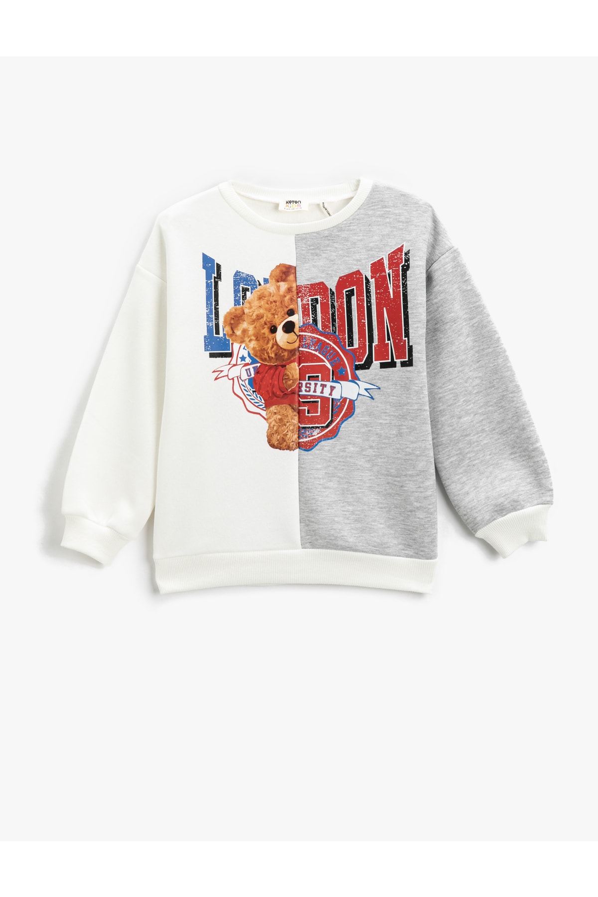 Koton College Theme Teddy Bear Printed Sweatshirt Color Contrast Crew Neck