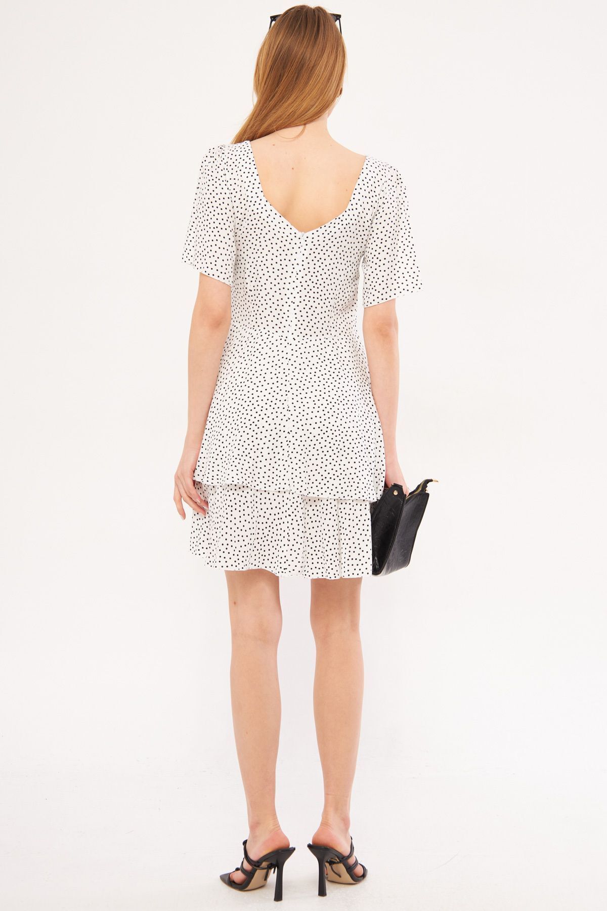 armonika Women's White Minus Dress Short Sleeve Skirt Layered Zippered Patterned Mini Size