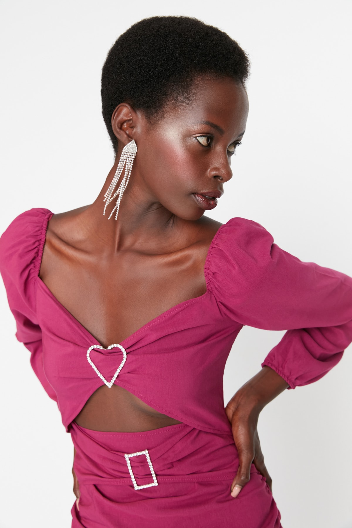 Trendyol Fuchsia Stone Accessory Buckle Draped Elegant Rochie de seara