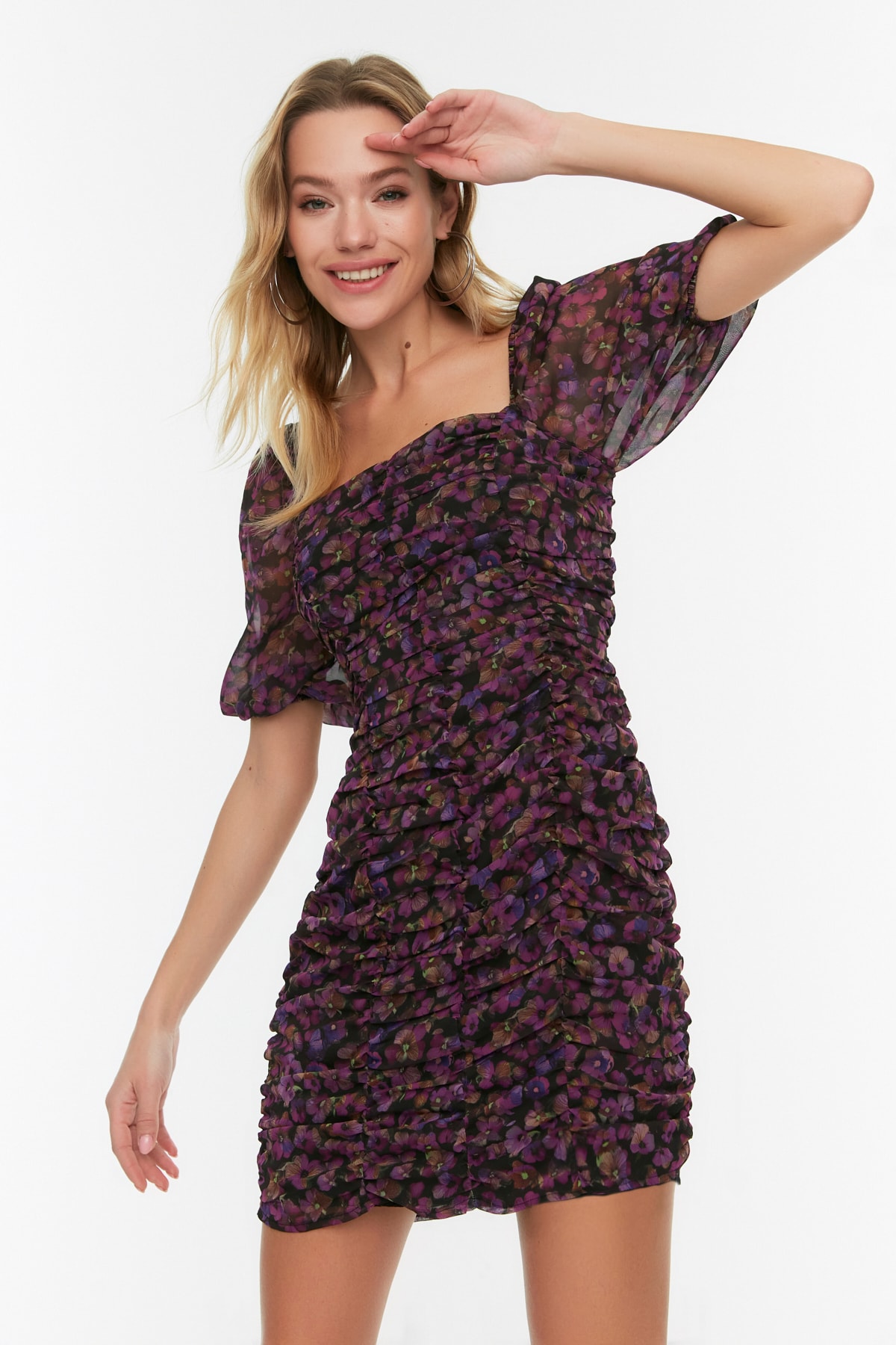 Trendyol negru țesut căptușit sifon drapat detaliu floral model mini rochie țesută