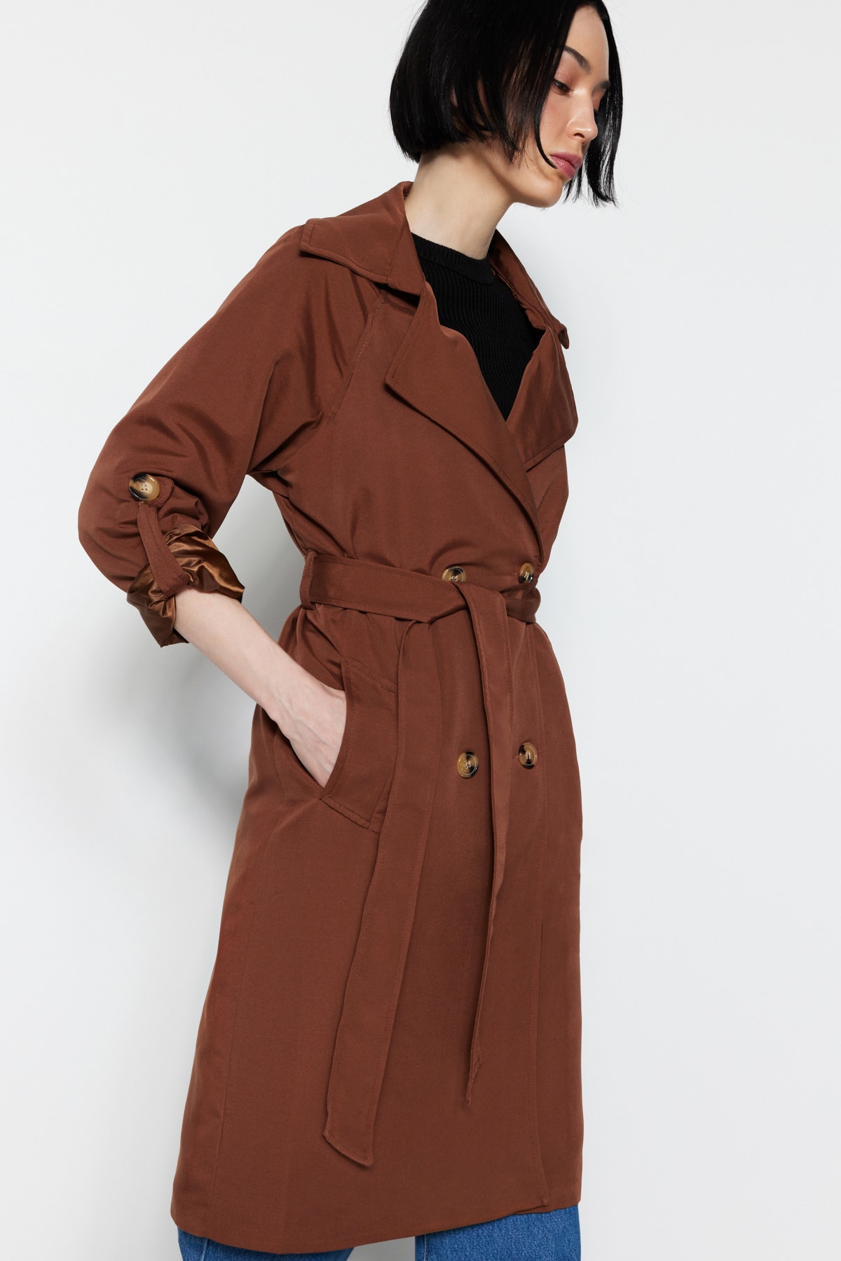 Trendyol Trench Coat - Brown - Double-breasted