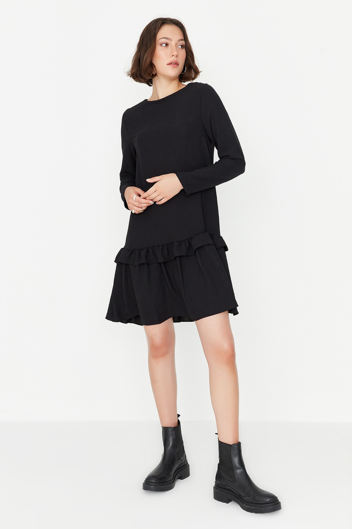 Trendyol Black Ruffle Detailed Woven Dress
