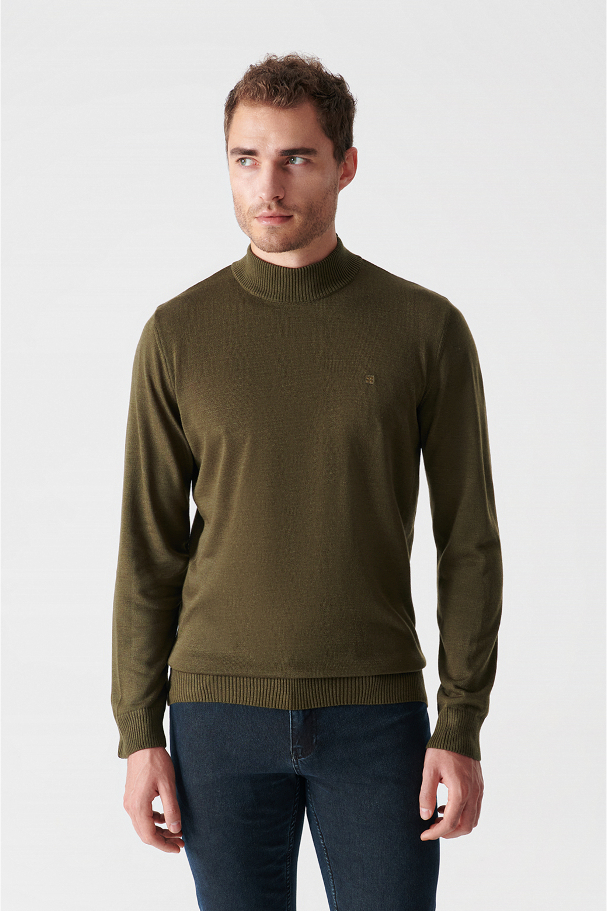 Avva Khaki Unisex Knitwear Sweater Half Turtleneck Non-Pilling Regular Fit
