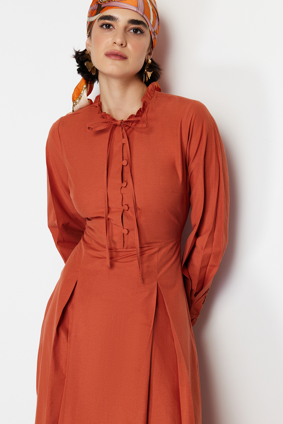 Trendyol Tile Collar Tie Detail Buttoned Woven Dress