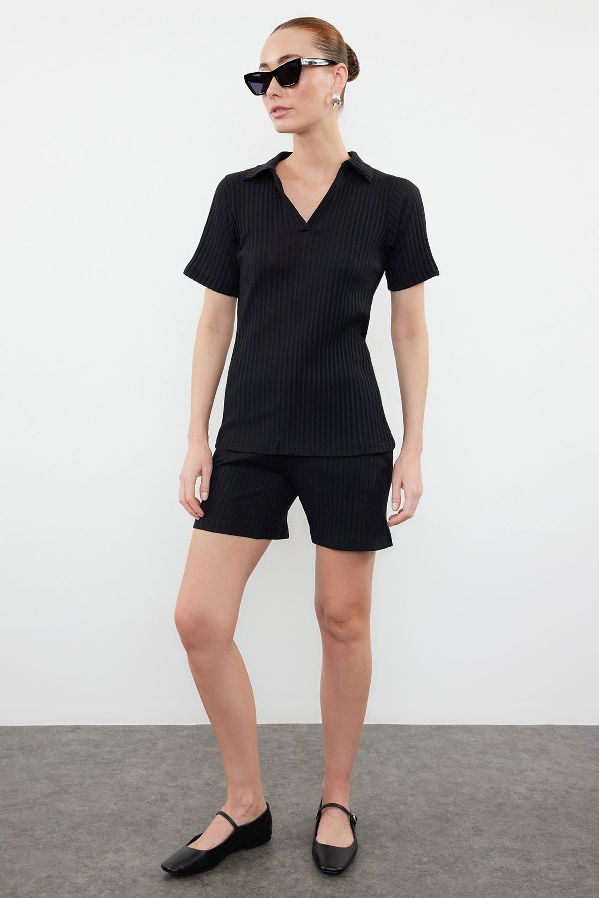 Trendyol Black Regular/Normal Fit Polo Neck Short Sleeve Ribbed Flexible Knitted Bottom-Top Suit