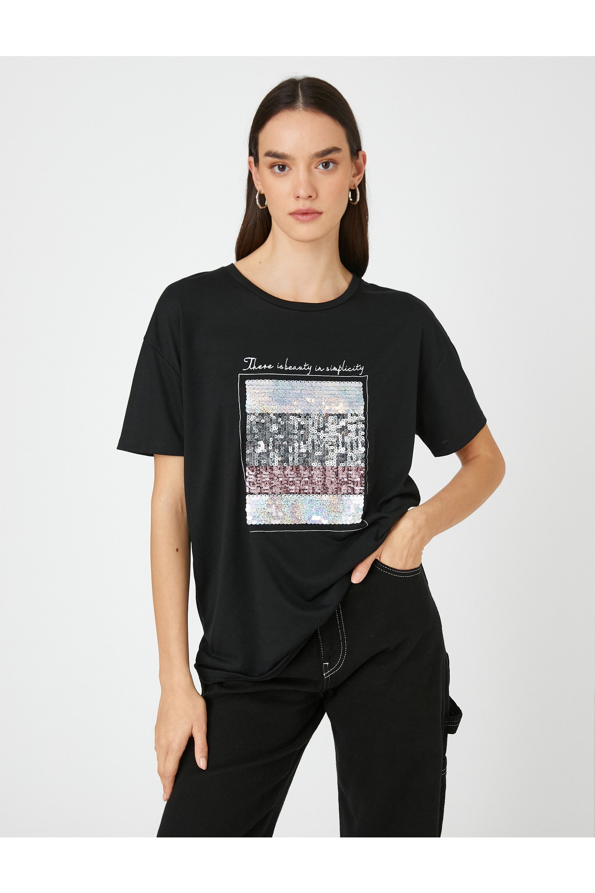Levně Koton Sequined Text Printed T-Shirt Crew Neck Short Sleeve