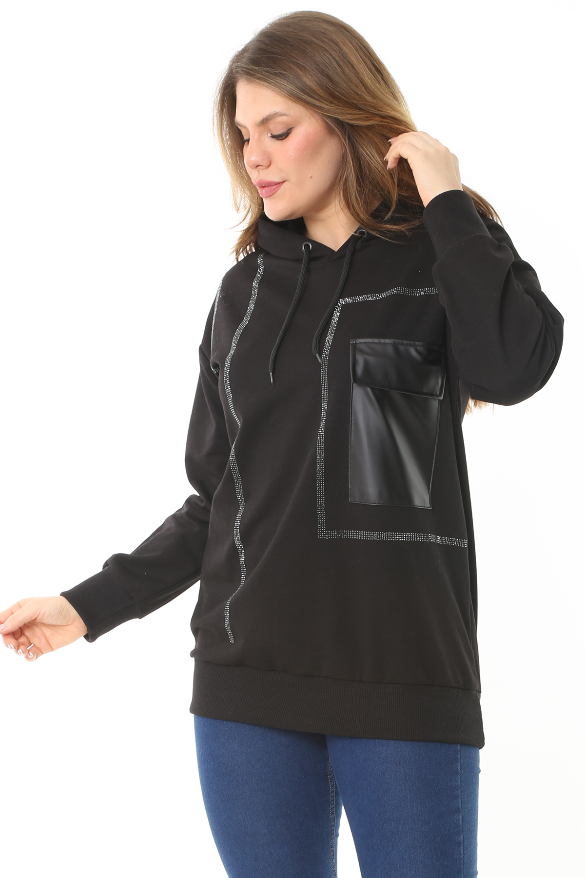 Şans Women's Plus Size Black Stones And Faux Leather Detailed Hooded Sweatshirt