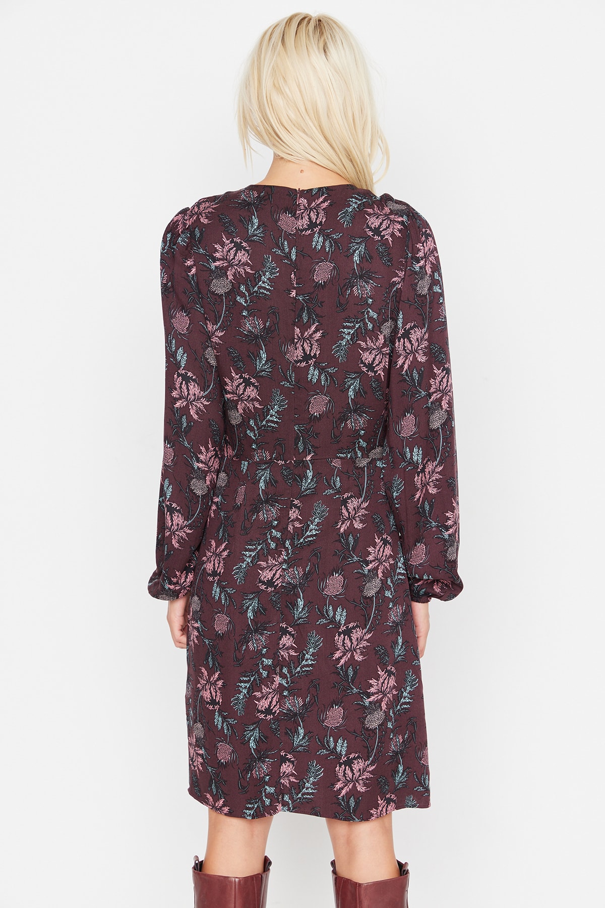 Trendyol burgundia țesută a adunat rochie țesută detaliată