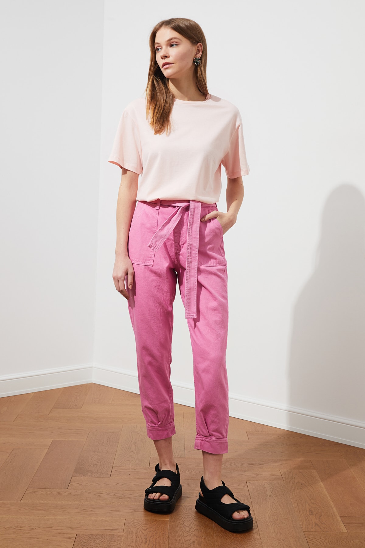 Trendyol High Waist Mom Jeans WITH Pink Belted Leg DetailING