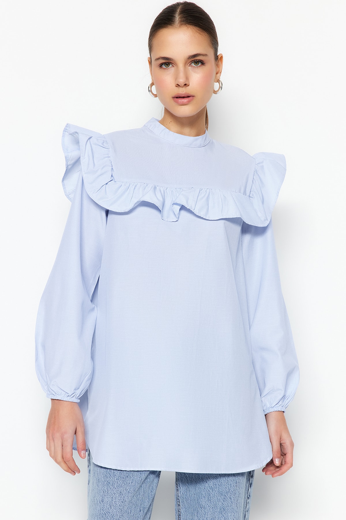 Trendyol Blue Woven Cotton Striped Tunic with Ruffle