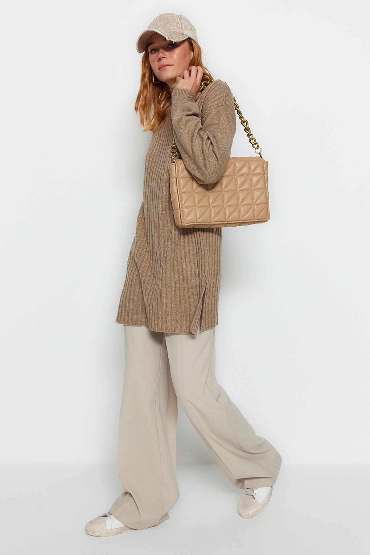 Trendyol Mink Stand Up Guler Corduroy Tricotaje Pulover