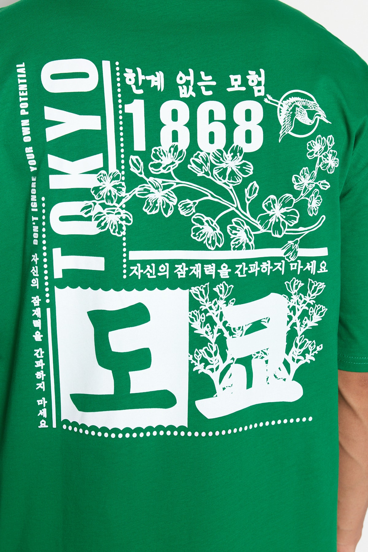Trendyol Green pánske oversize/široké tričko so 100% bavlnenou potlačou Far Eastern