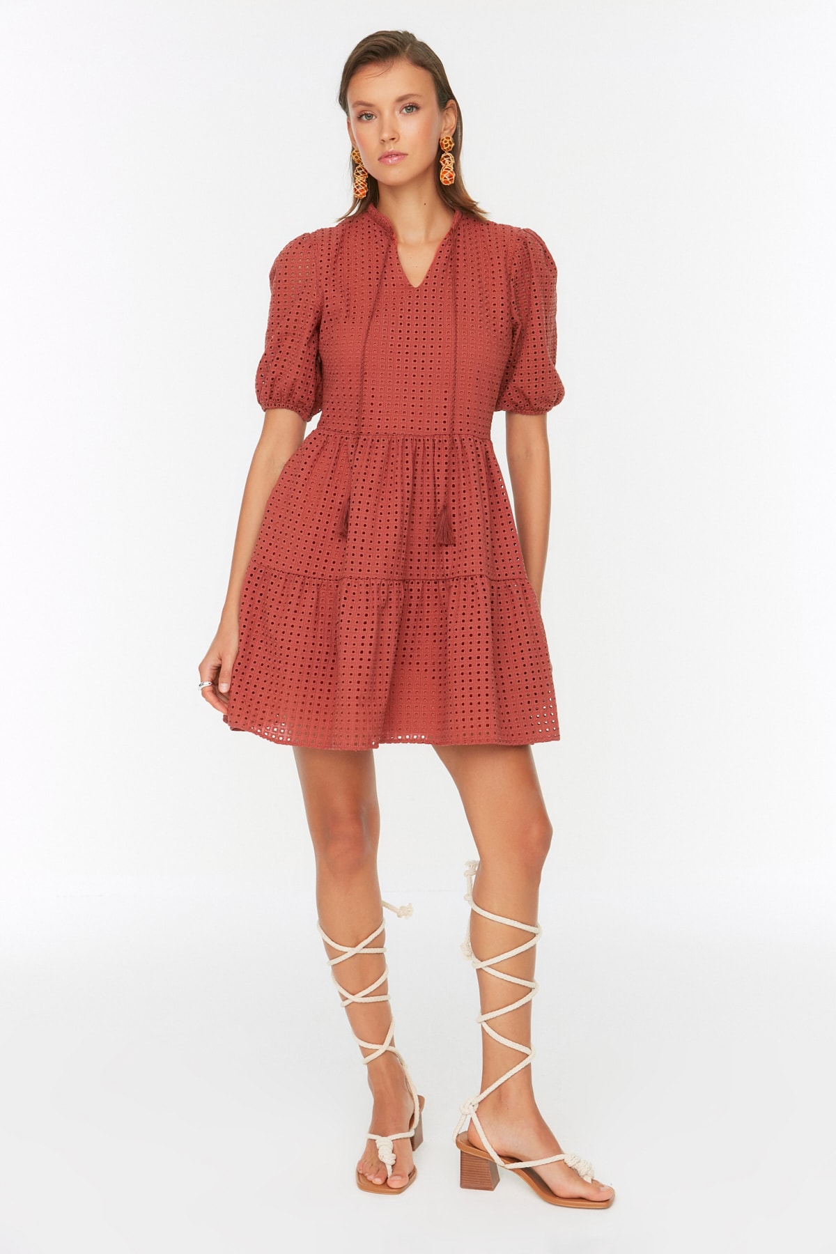 Trendyol Brown Mini Woven Collar Detailed Embroidered Dress