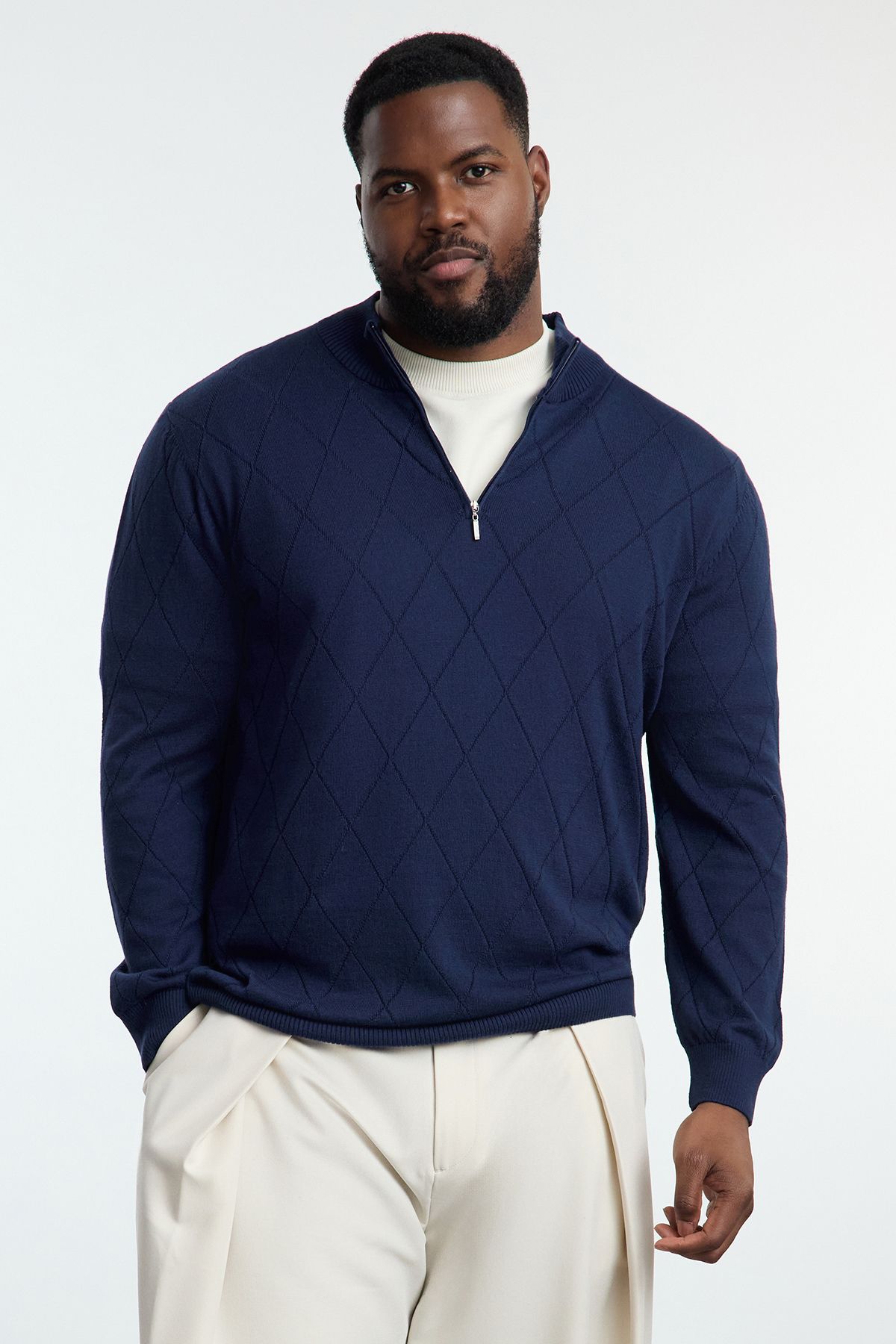 Trendyol Navy Blue FL Men's Regular Half Turtleneck Baklava Knitwear Plus Size Sweater