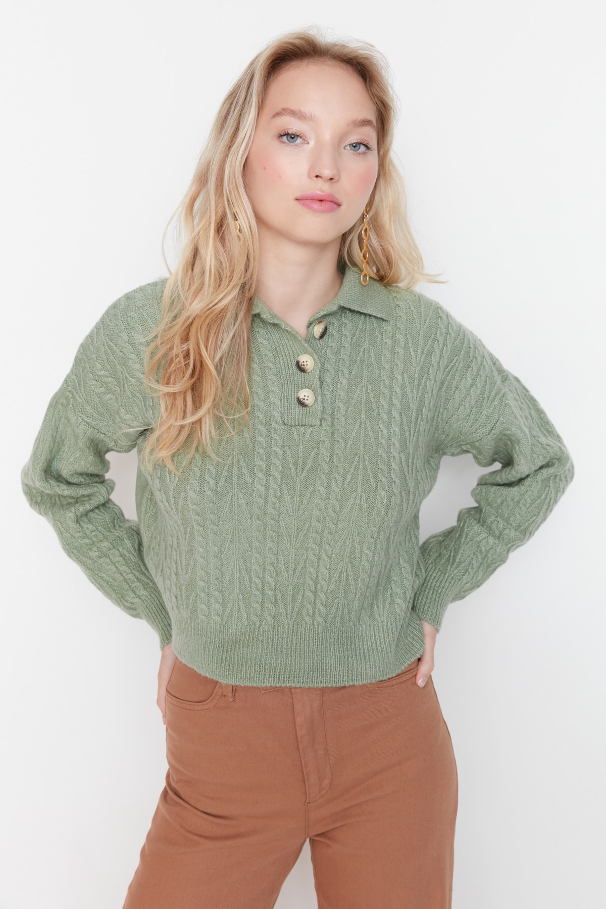 Trendyol Mint Crop Soft Textured Polo Neck Knitwear Sweater