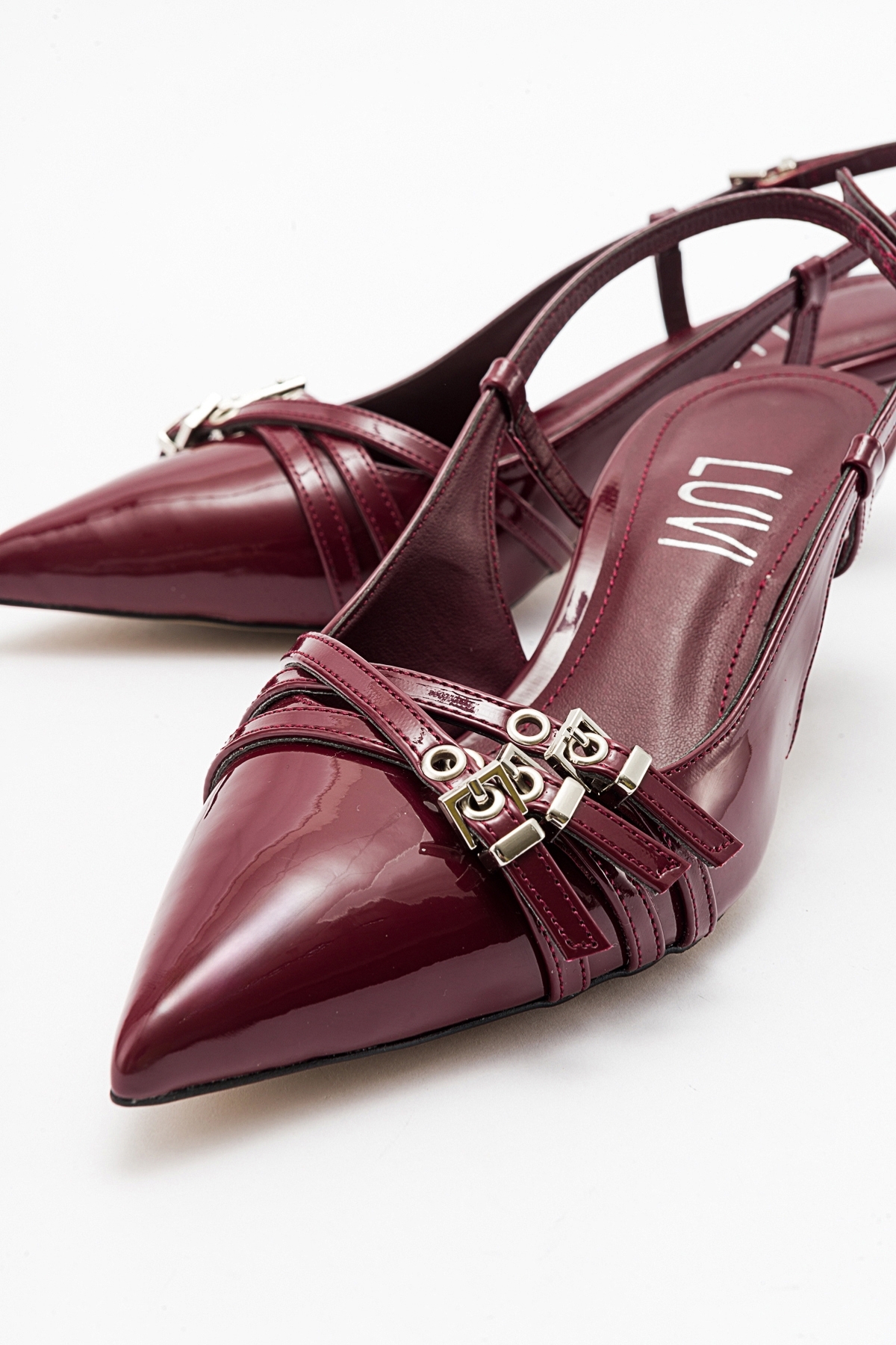 LuviShoes WOSS Burgundy Patent Leather Belt Detail Women's Heeled Shoes