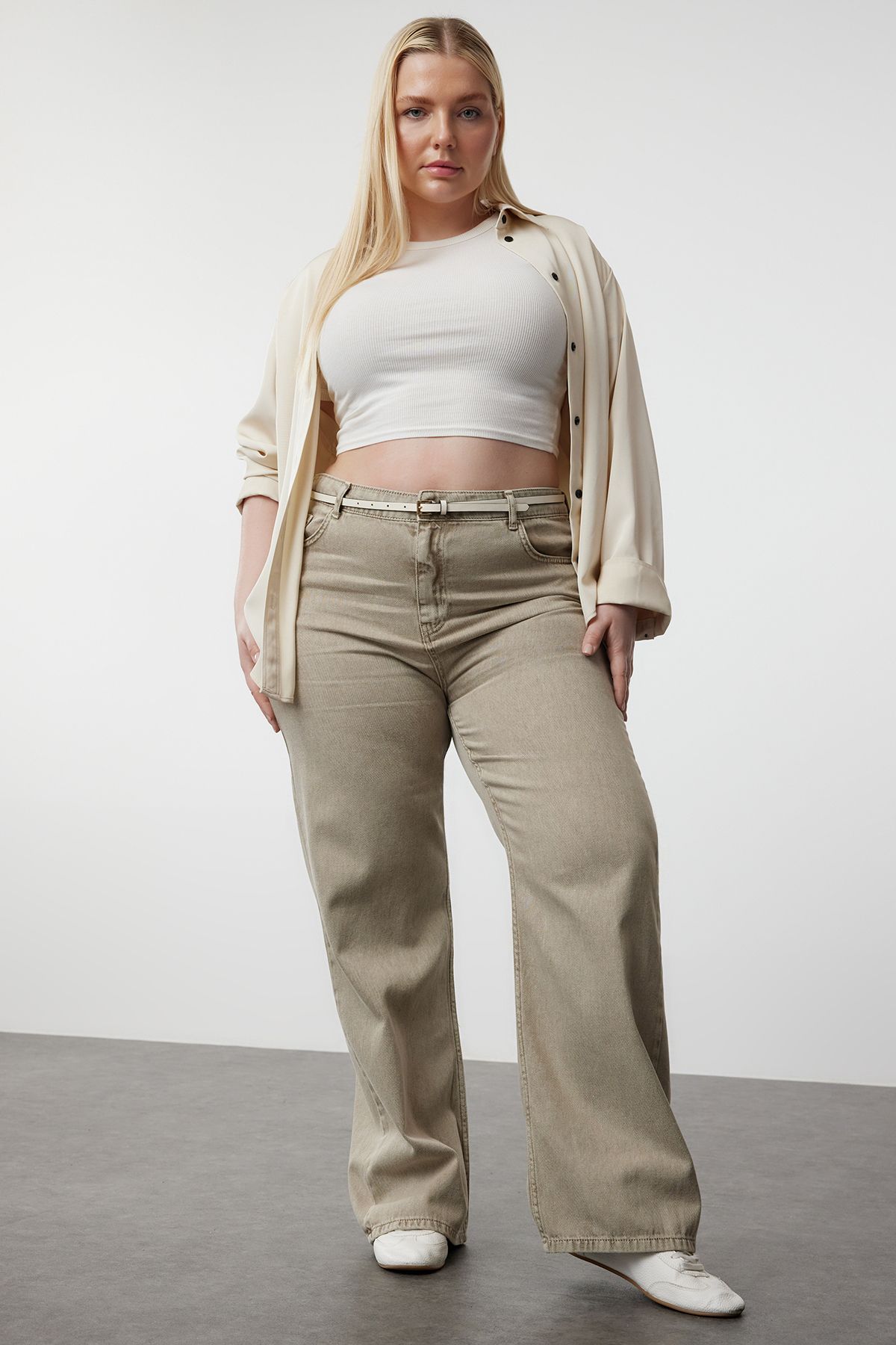 Trendyol Curve Beige High Waist Wide Leg Plus Size Jeans