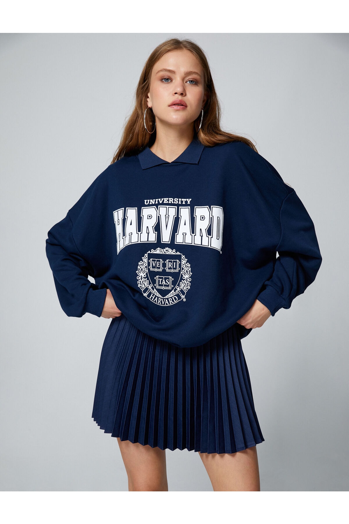 Koton Oversized Sweatshirt. Harvard Licensed Polo Collar Printed