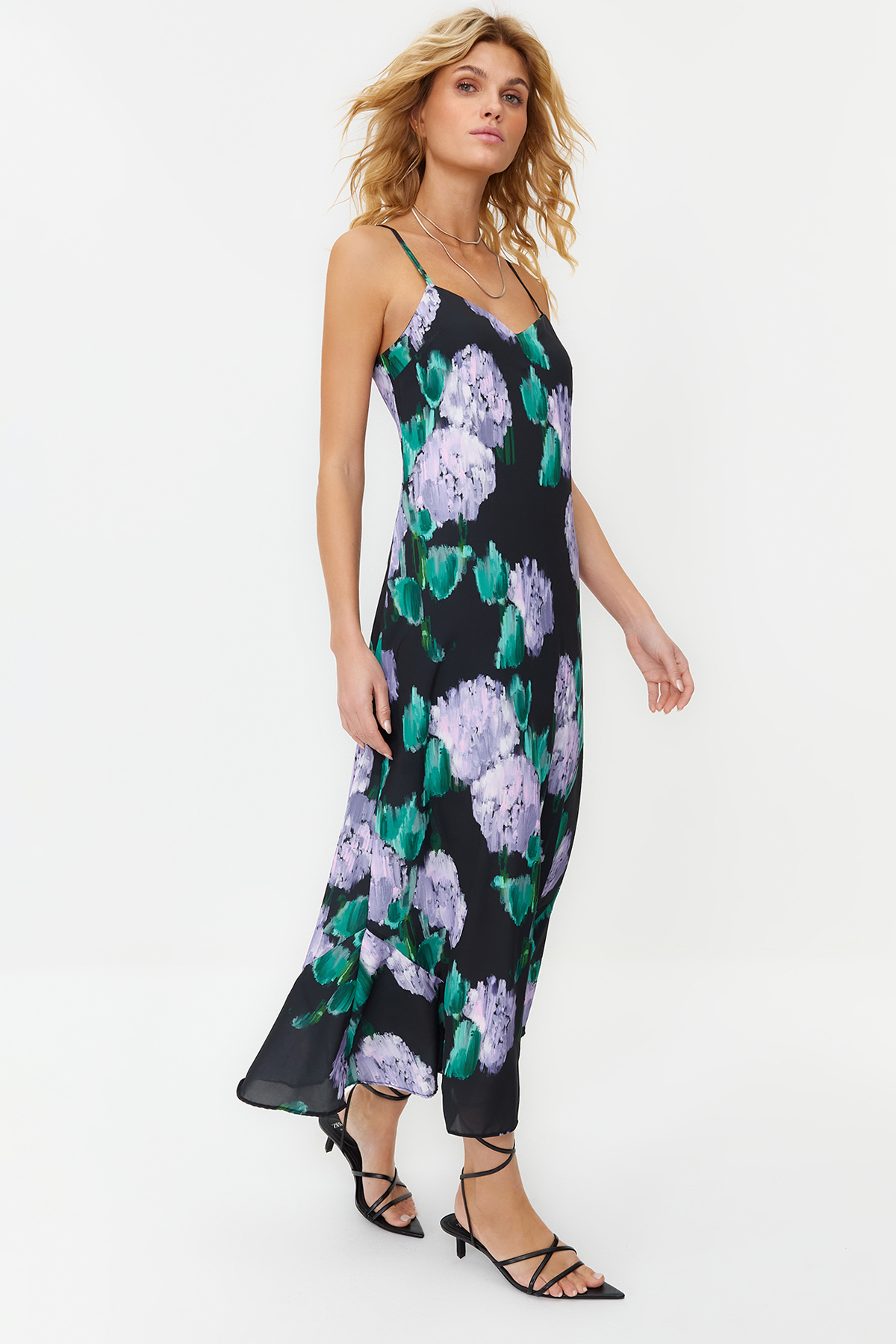 Trendyol Black Floral Print Straight Cut Strap Midi Satin Woven Dress