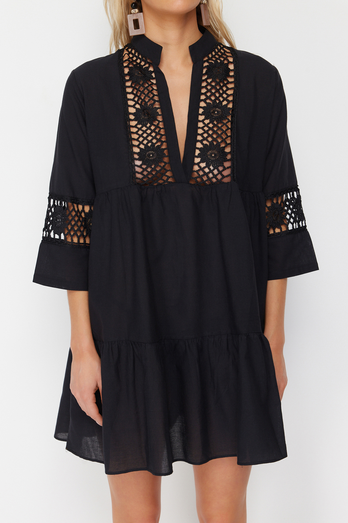 Trendyol Beige Mini Woven Lace Detailed 100% Cotton Beach Dress