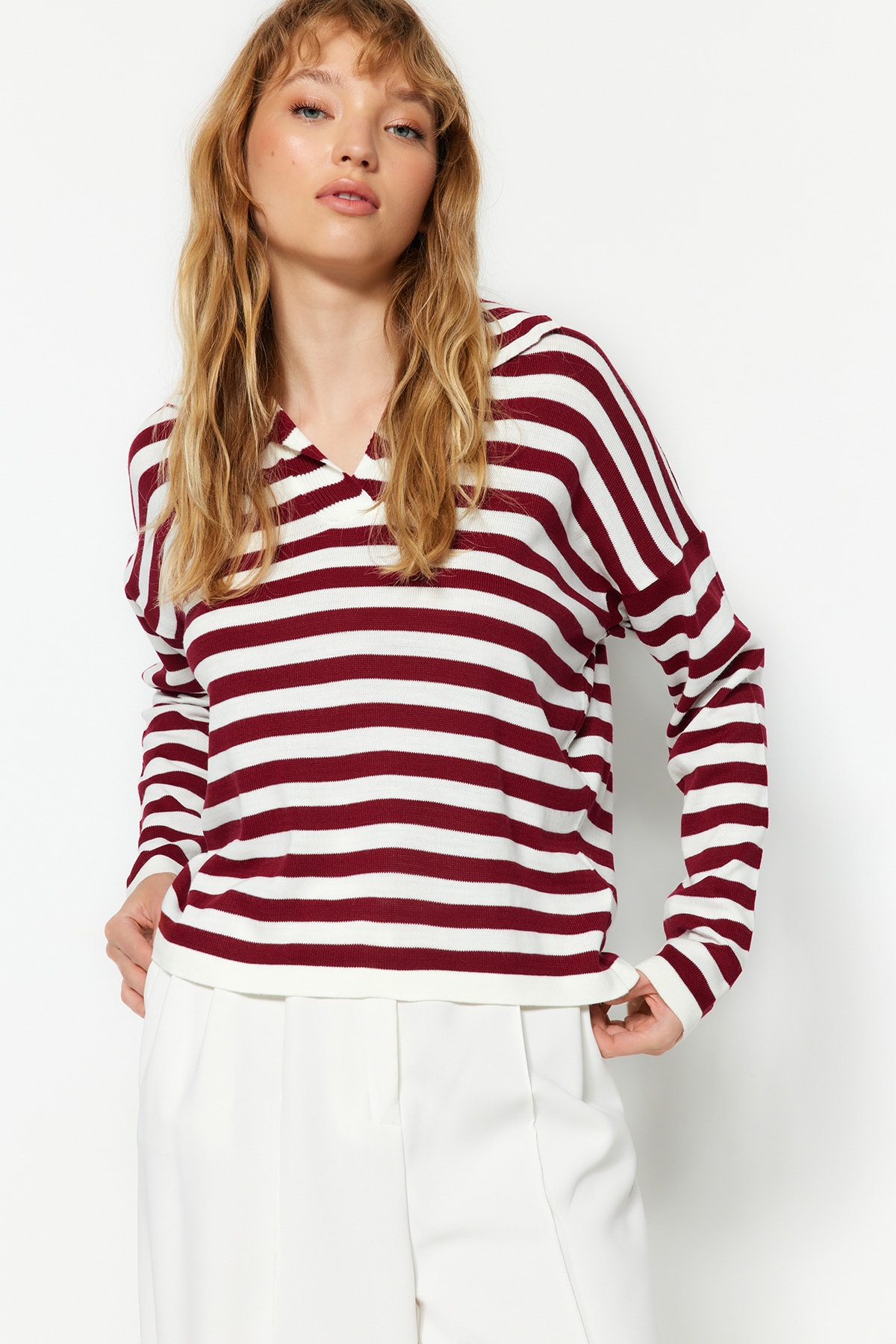 Trendyol Claret Red Crop Striped Knitwear Sweater