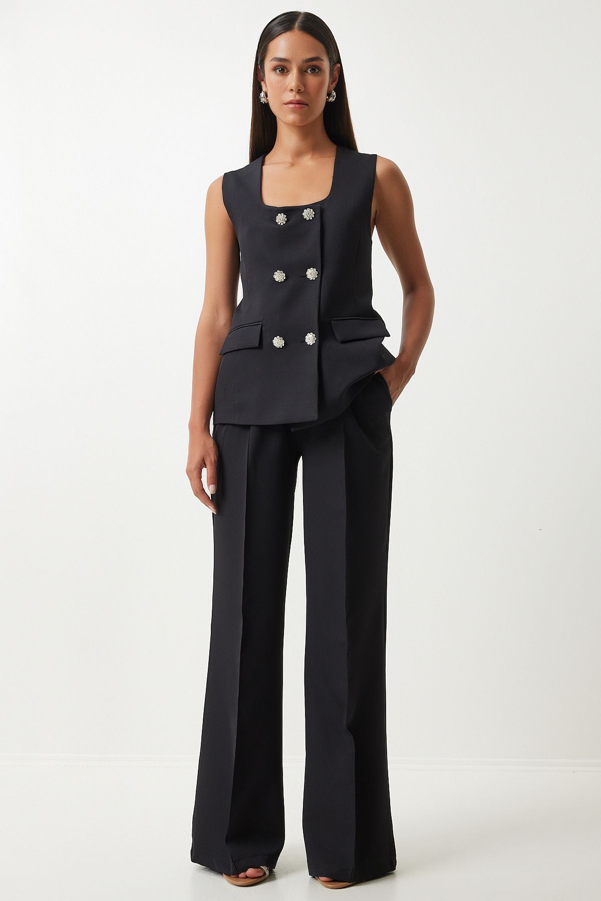 Happiness İstanbul Women's Black Square Collar Woven Vest Trousers Suit