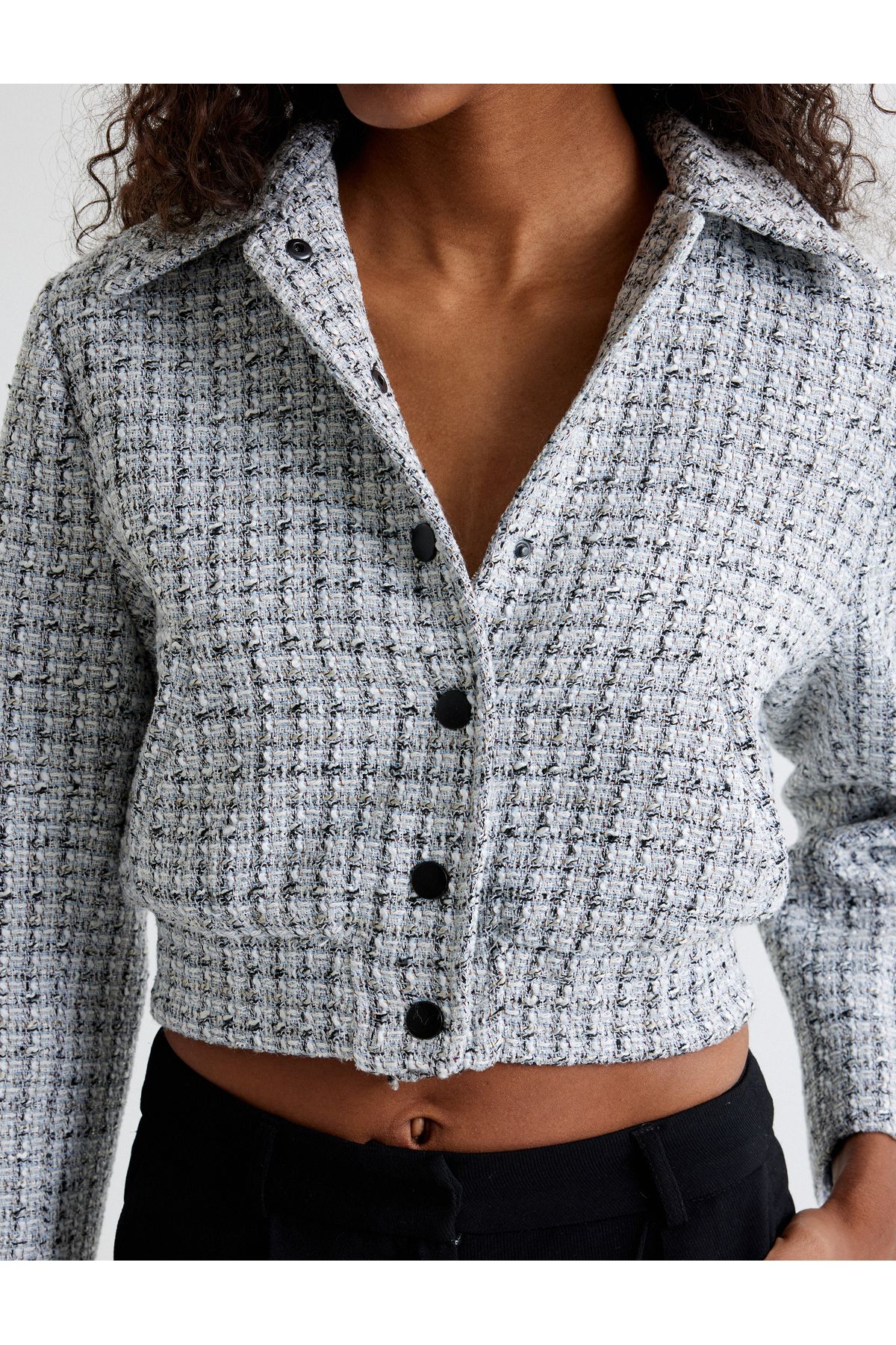 Koton Tweed Bomber Jacket with Pockets and Buttoned Shirt Collar