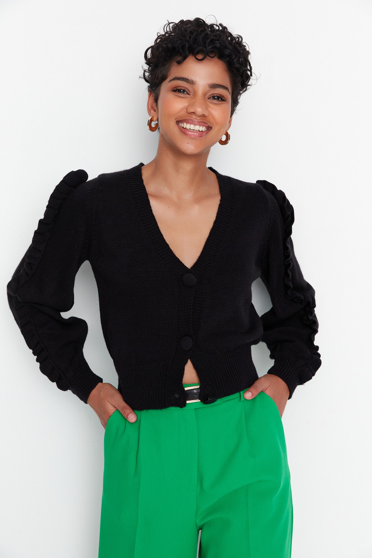 Trendyol Black Ruffled Sleeves, Knitwear Cardigan