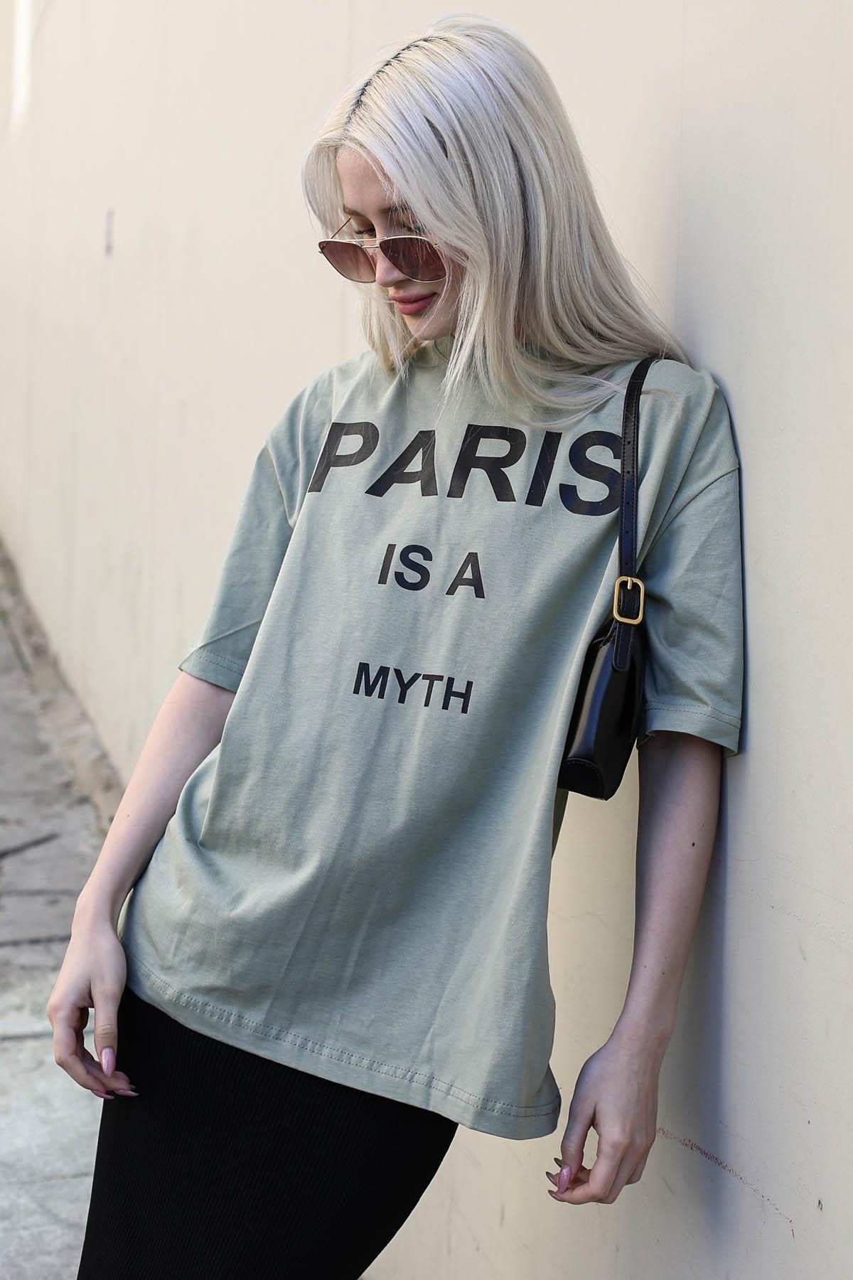 Levně Madmext Mint Green Women's Paris Printed T-Shirt