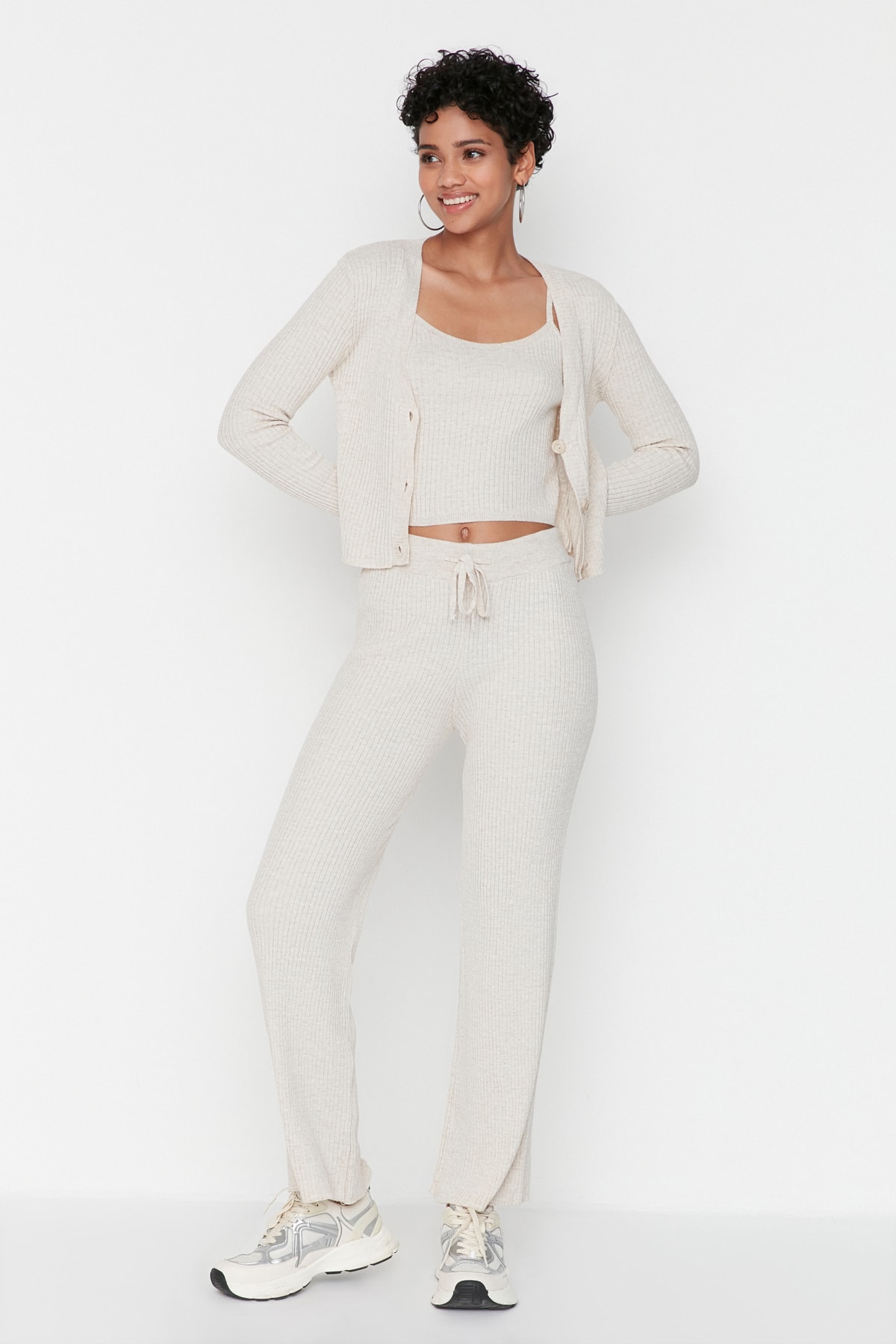 Trendyol Beige Fitted Blouse Cardigan Trousers Knitwear Top and Bottom Set