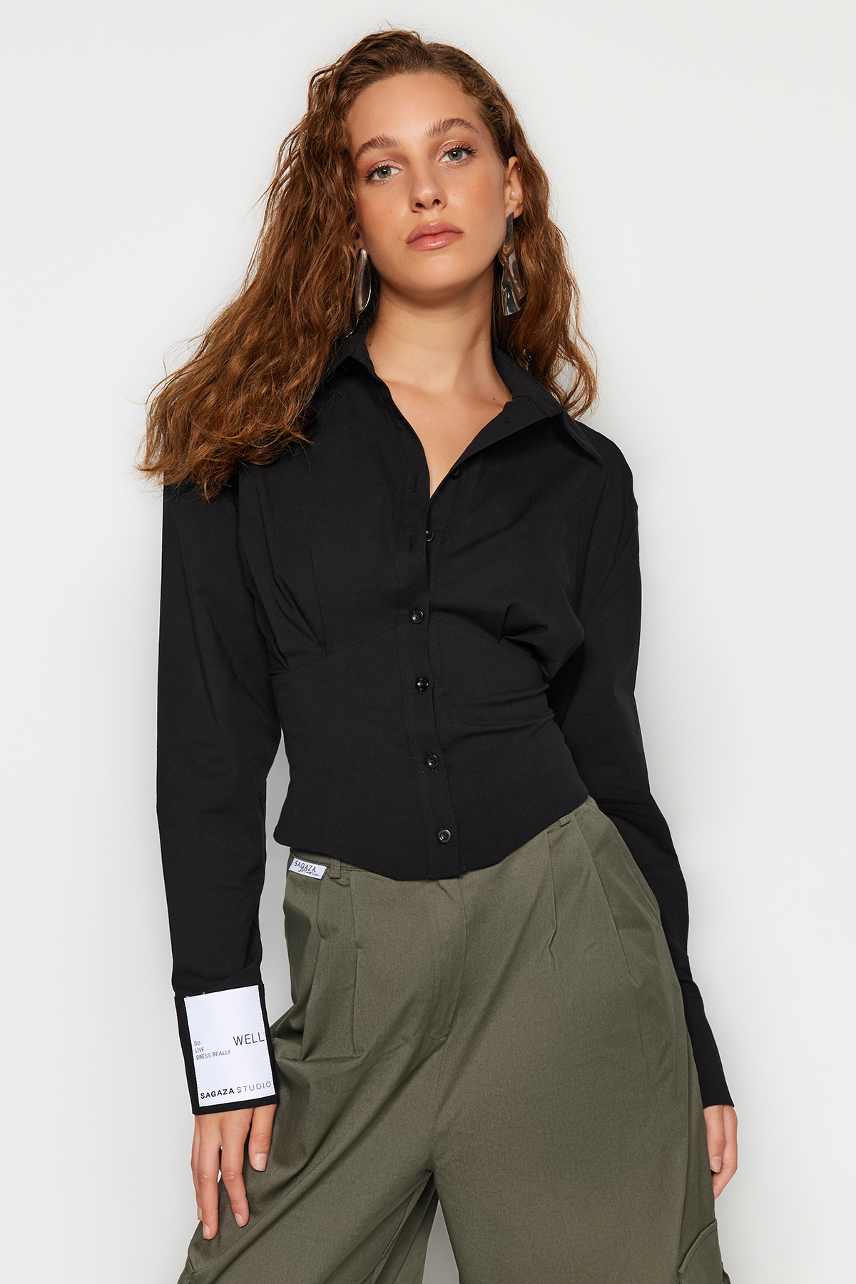 Trendyol X Sagaza Studio Black Corset Detailed Poplin Shirt