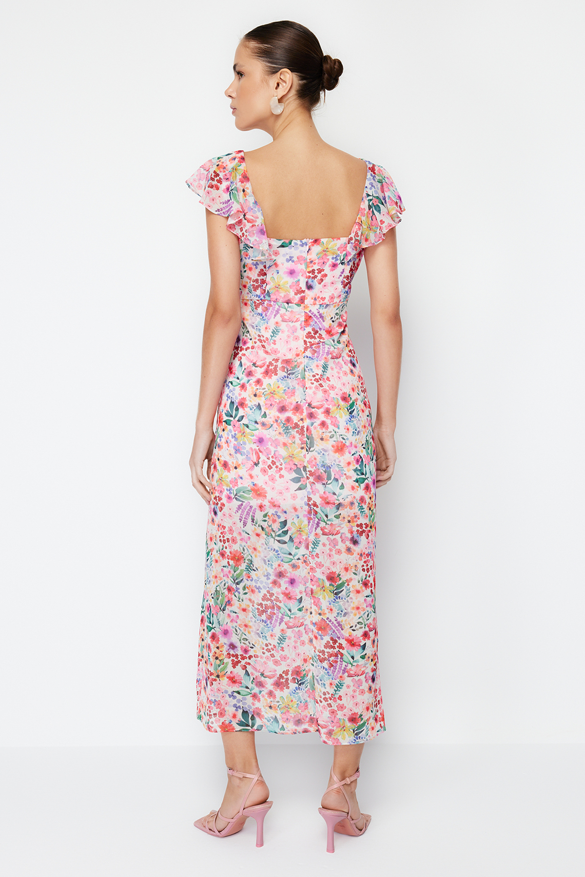 Trendyol Pink Floral Ruffle Chiffon Lined Maxi Woven Dress