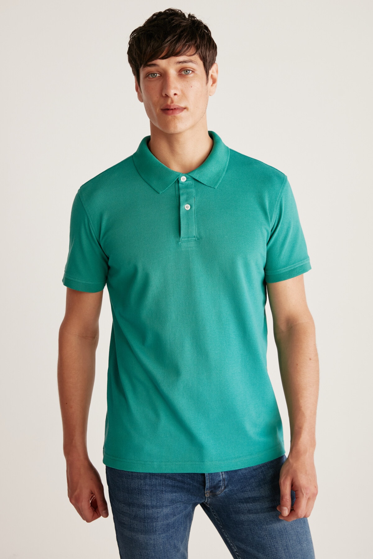Levně GRIMELANGE Chris Men Regular Fit 100% Cotton Green Polo Neck T-shirt