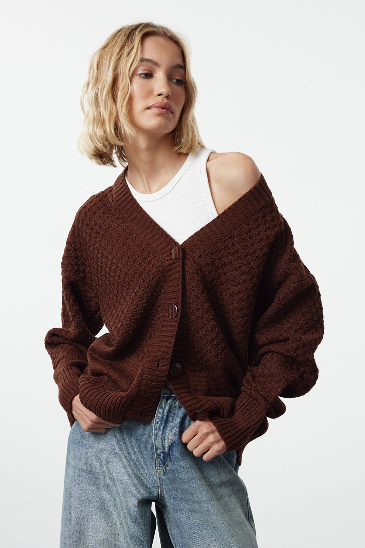 Trendyol Brown Knit Detailed Wide Pattern Knitwear Cardigan