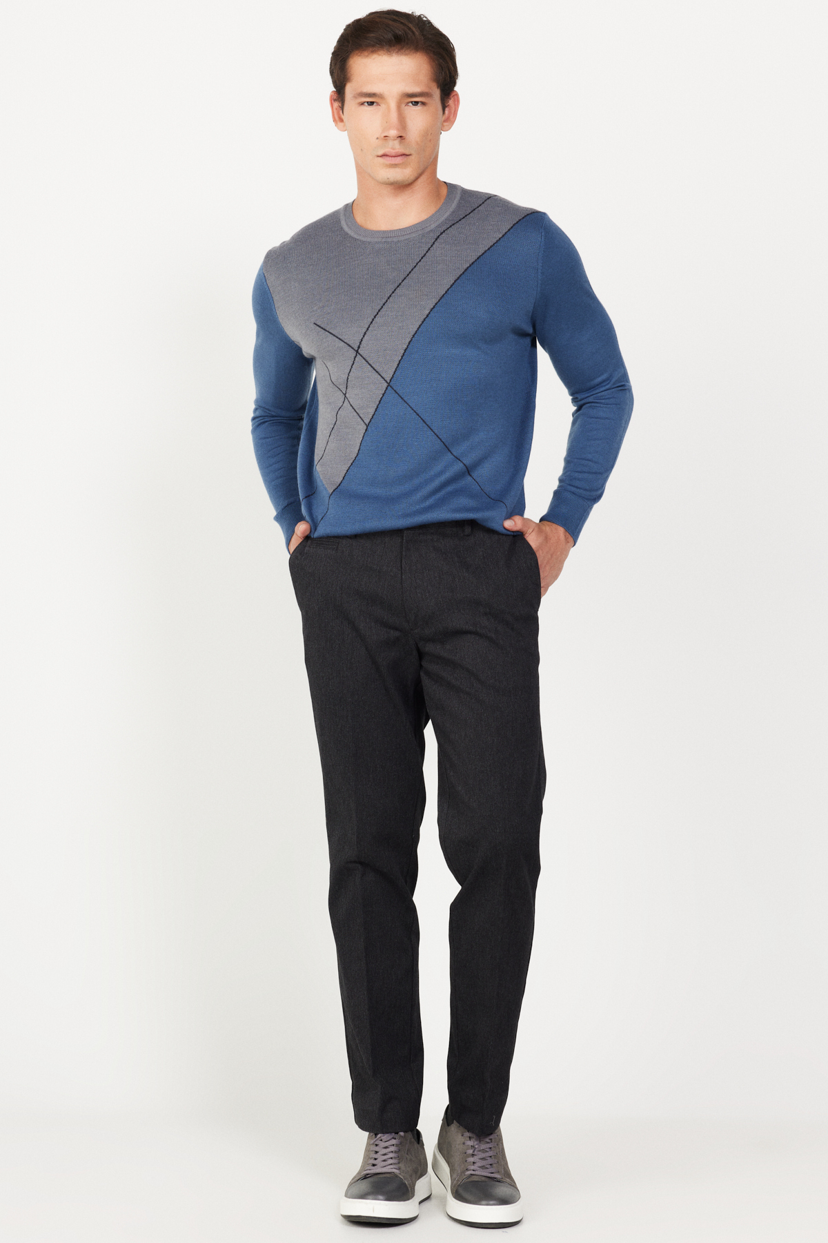 Levně ALTINYILDIZ CLASSICS Men's Black Comfort Fit Relaxed Cut Side Pocket Cotton Diagonal Patterned Trousers